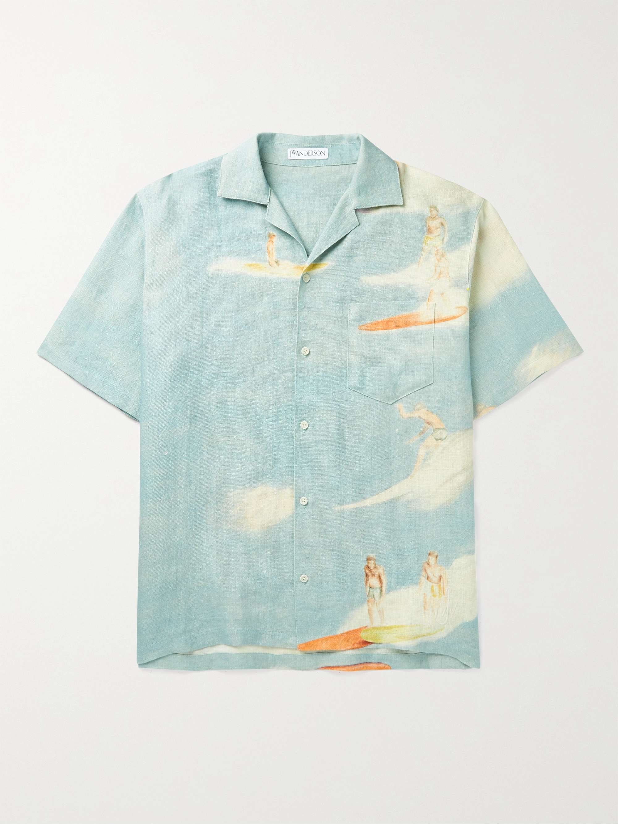 JW ANDERSON Camp-Collar Logo-Embroidered Printed Linen Shirt | MR PORTER