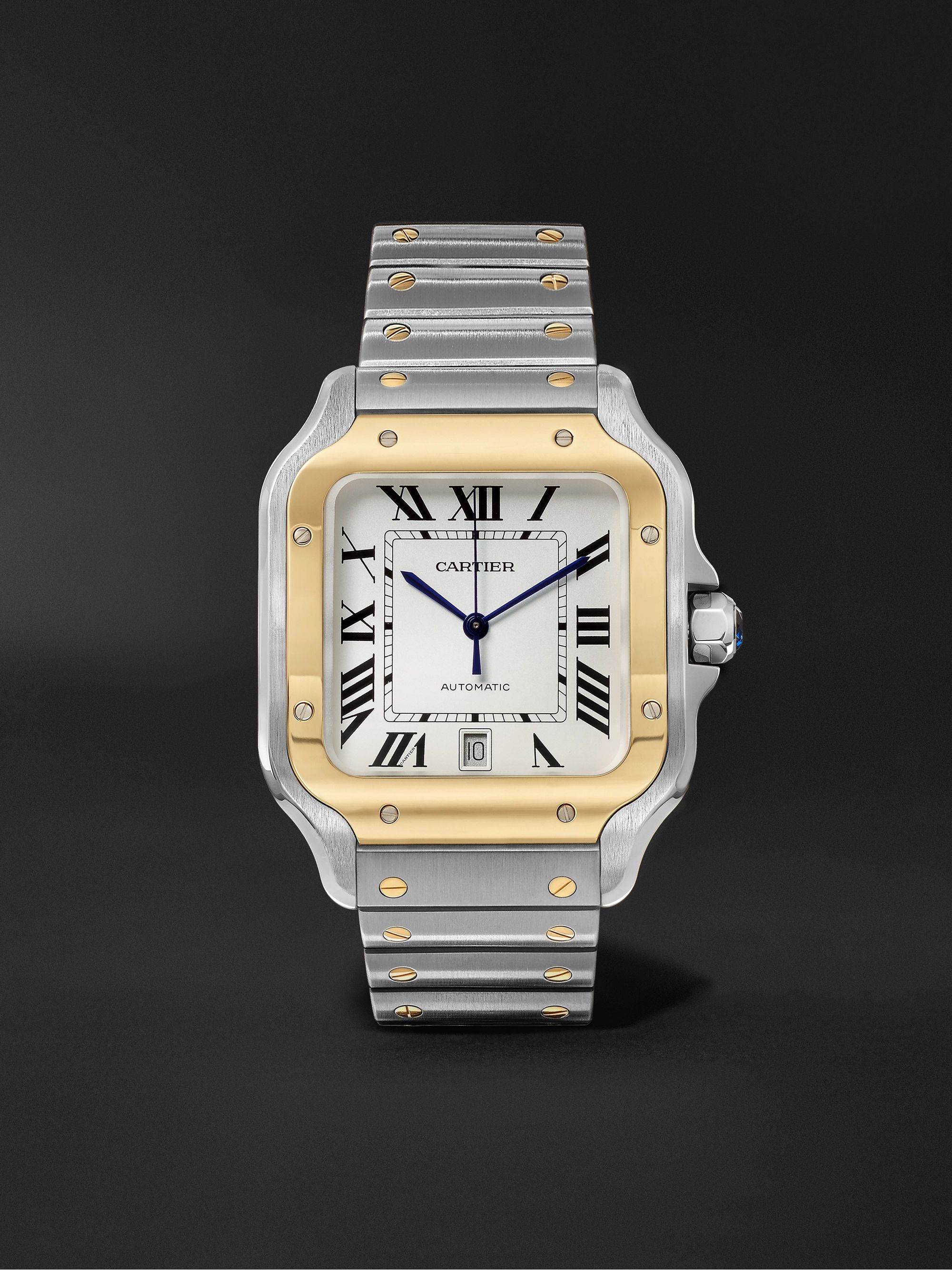 CARTIER Santos Automatic 39.8mm 18-Karat Gold Interchangeable Stainless  Steel and Leather Watch, Ref. No. W2SA0006 for Men | MR PORTER