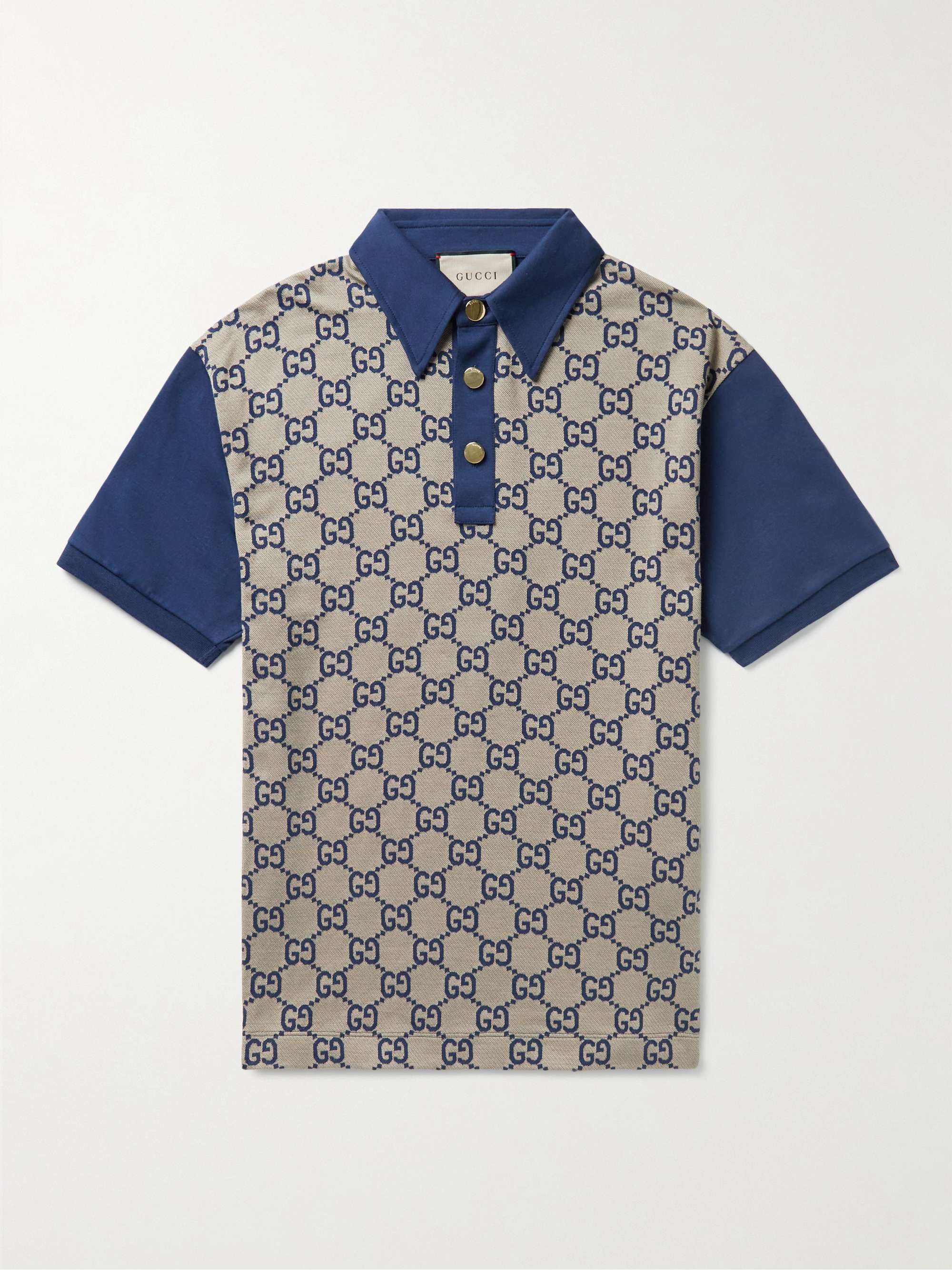 Blue Panelled Cotton-Jersey and Logo-Jacquard Silk-Blend Polo Shirt | GUCCI  | MR PORTER