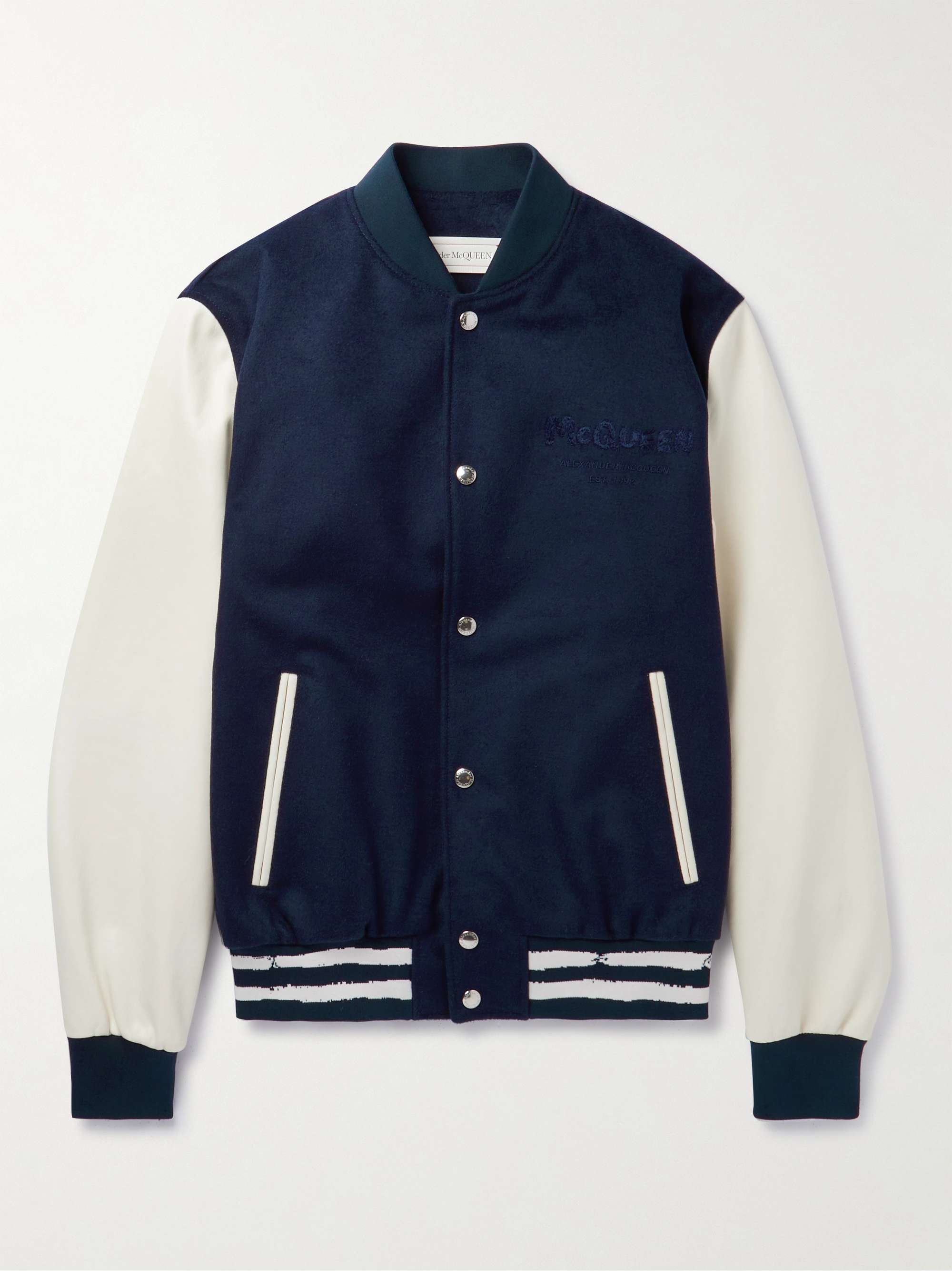 Navy Logo-Print Wool and Cashmere-Blend and Leather Varsity Jacket |  ALEXANDER MCQUEEN | MR PORTER