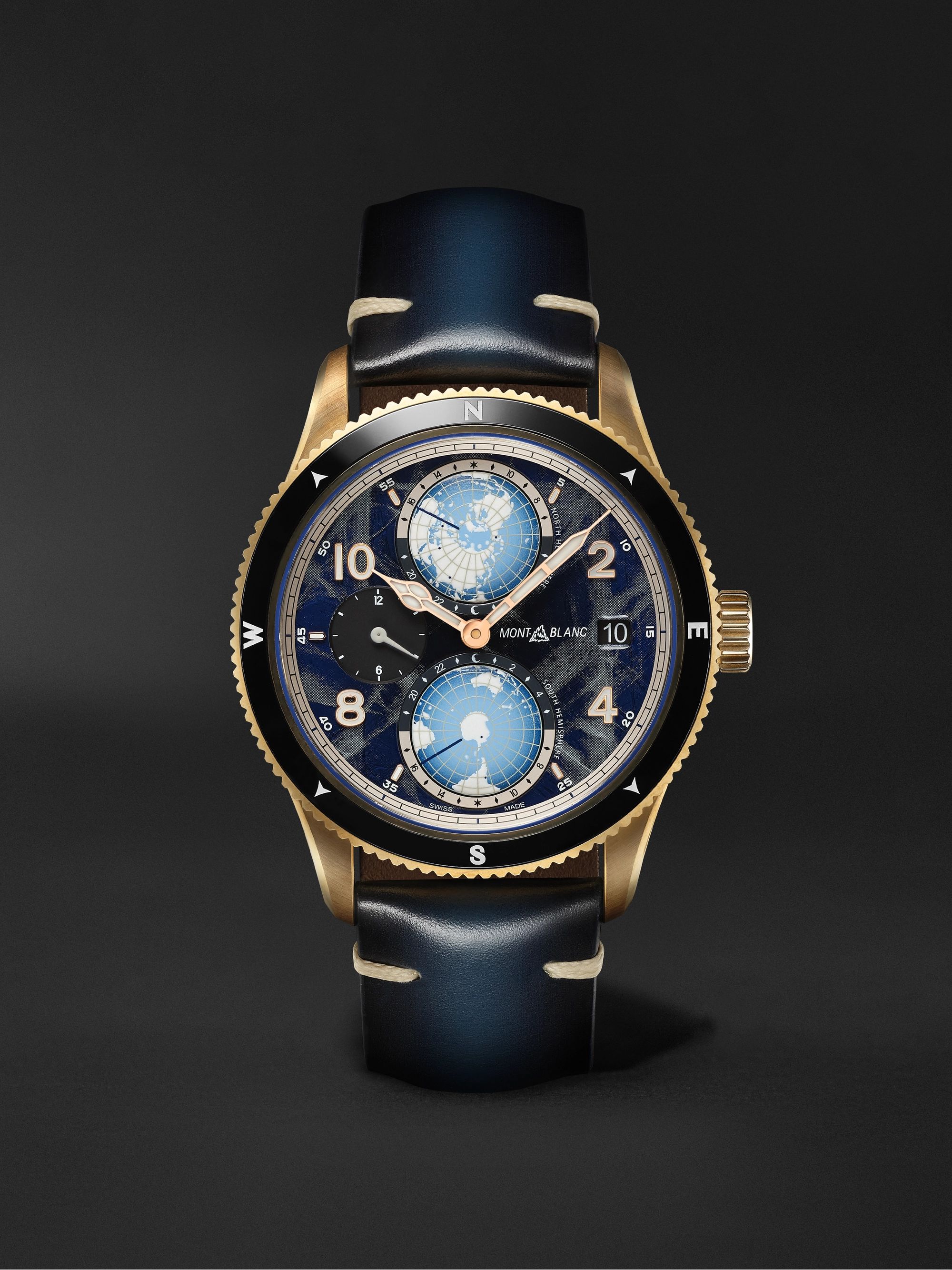 MONTBLANC 1858 Geosphere 0 Oxygen Limited Edition Automatic GMT 42mm  Bronze, Ceramic and Leather Watch, Ref. No. 129415 | MR PORTER