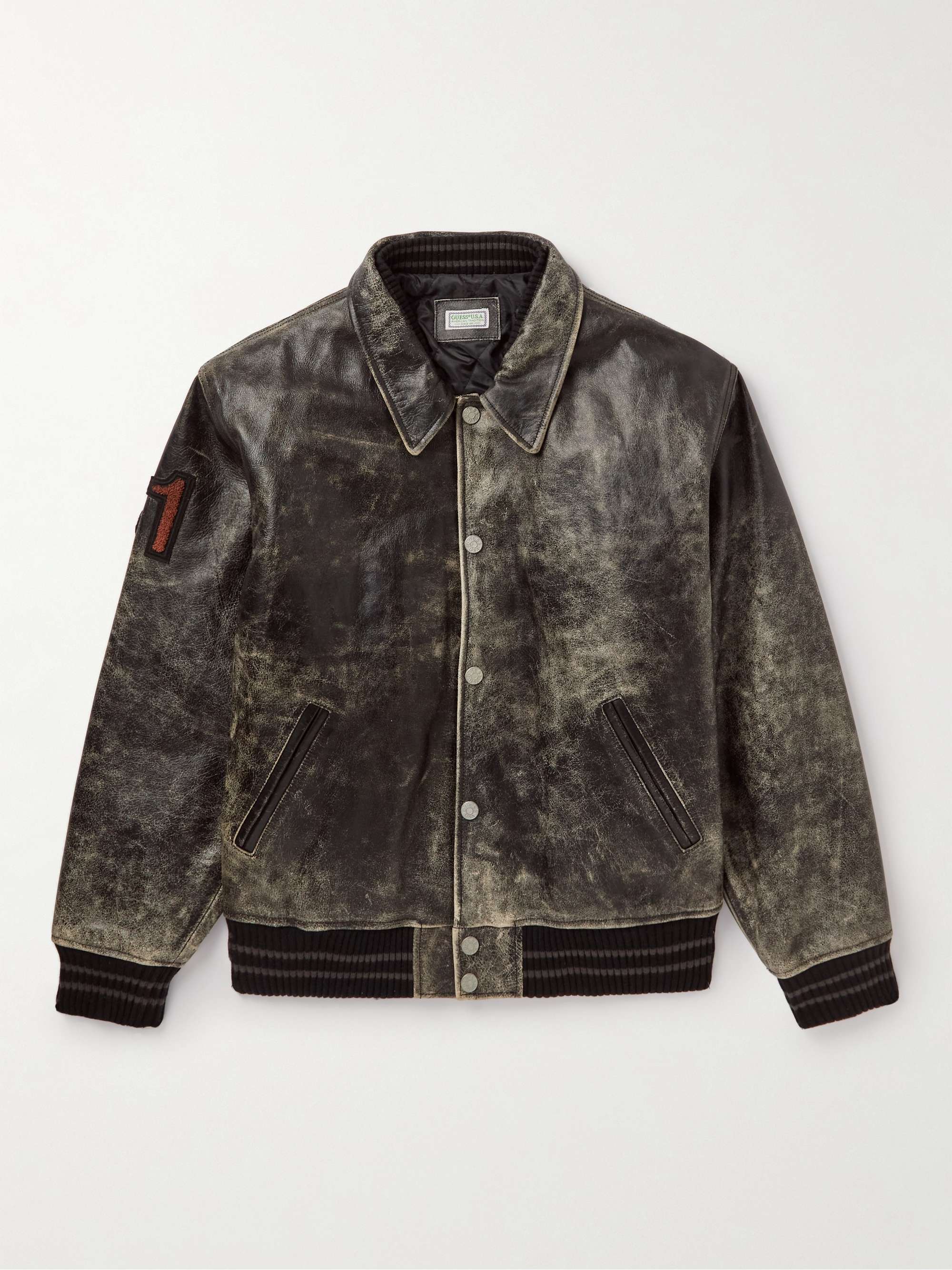 GUESS USA Appliquéd Distressed Leather Varsity Jacket | MR PORTER