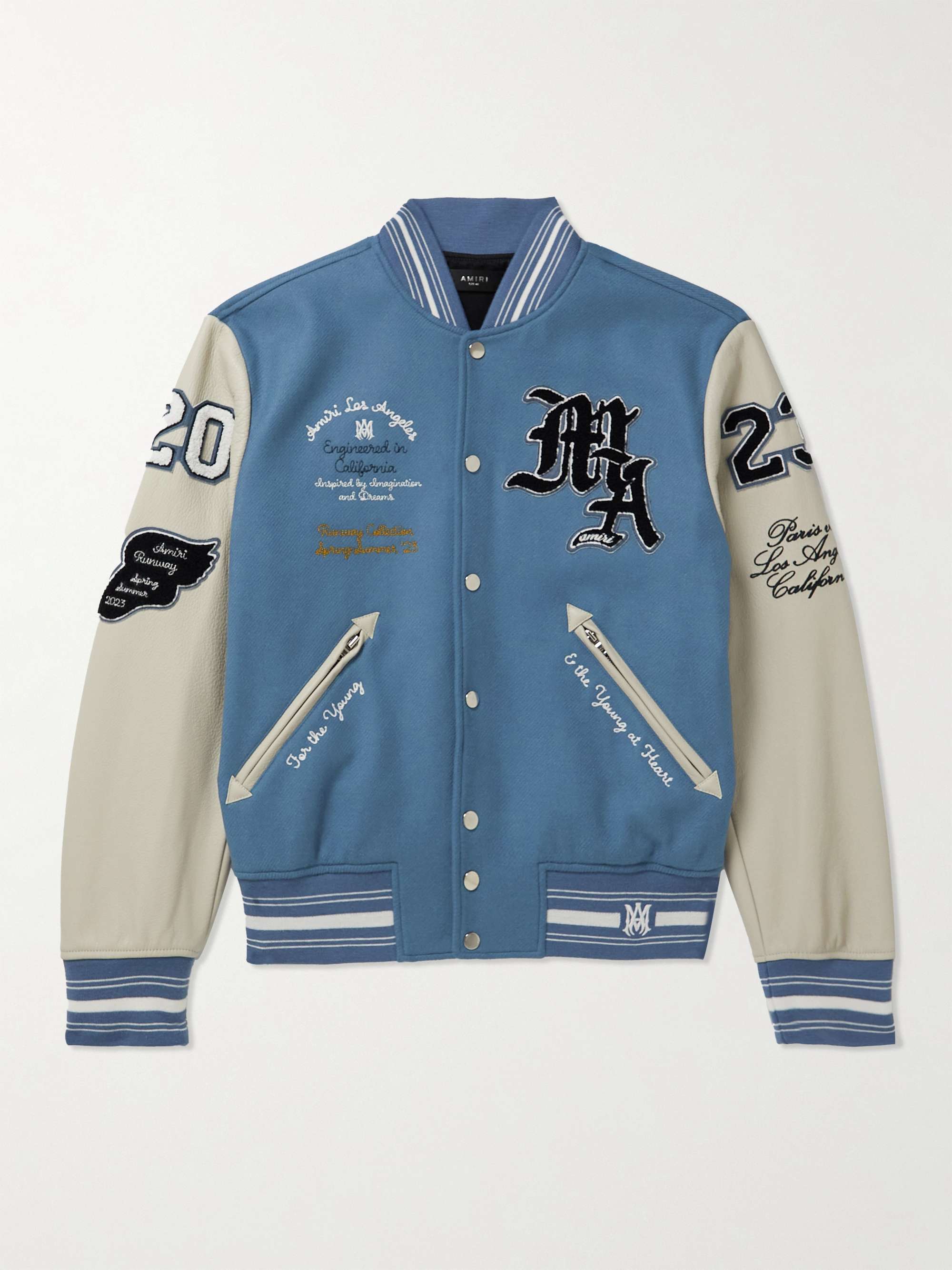 AMIRI Appliquéd Embroidered wool-blend and Leather Varsity Jacket - Men - Blue Coats and Jackets - M