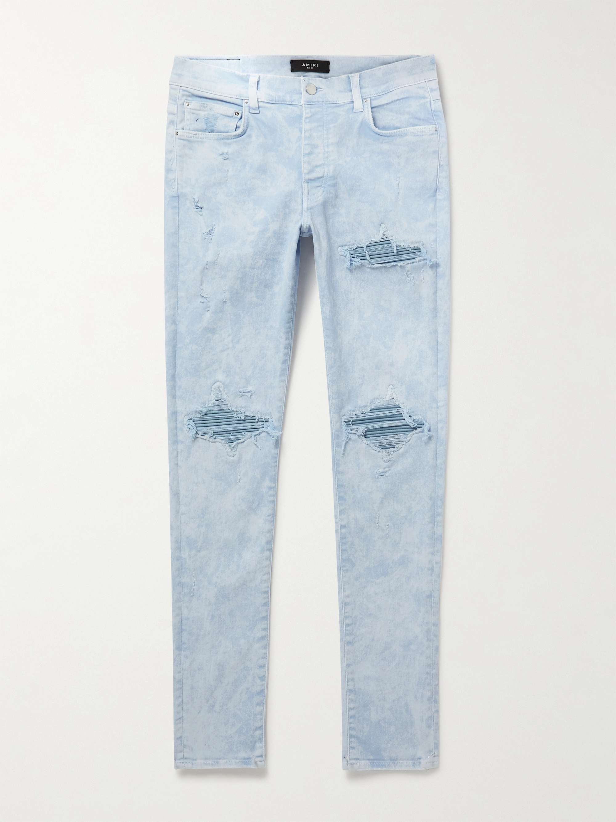 AMIRI MX1 Skinny-Fit Distressed Leather-Panelled Jeans | MR PORTER