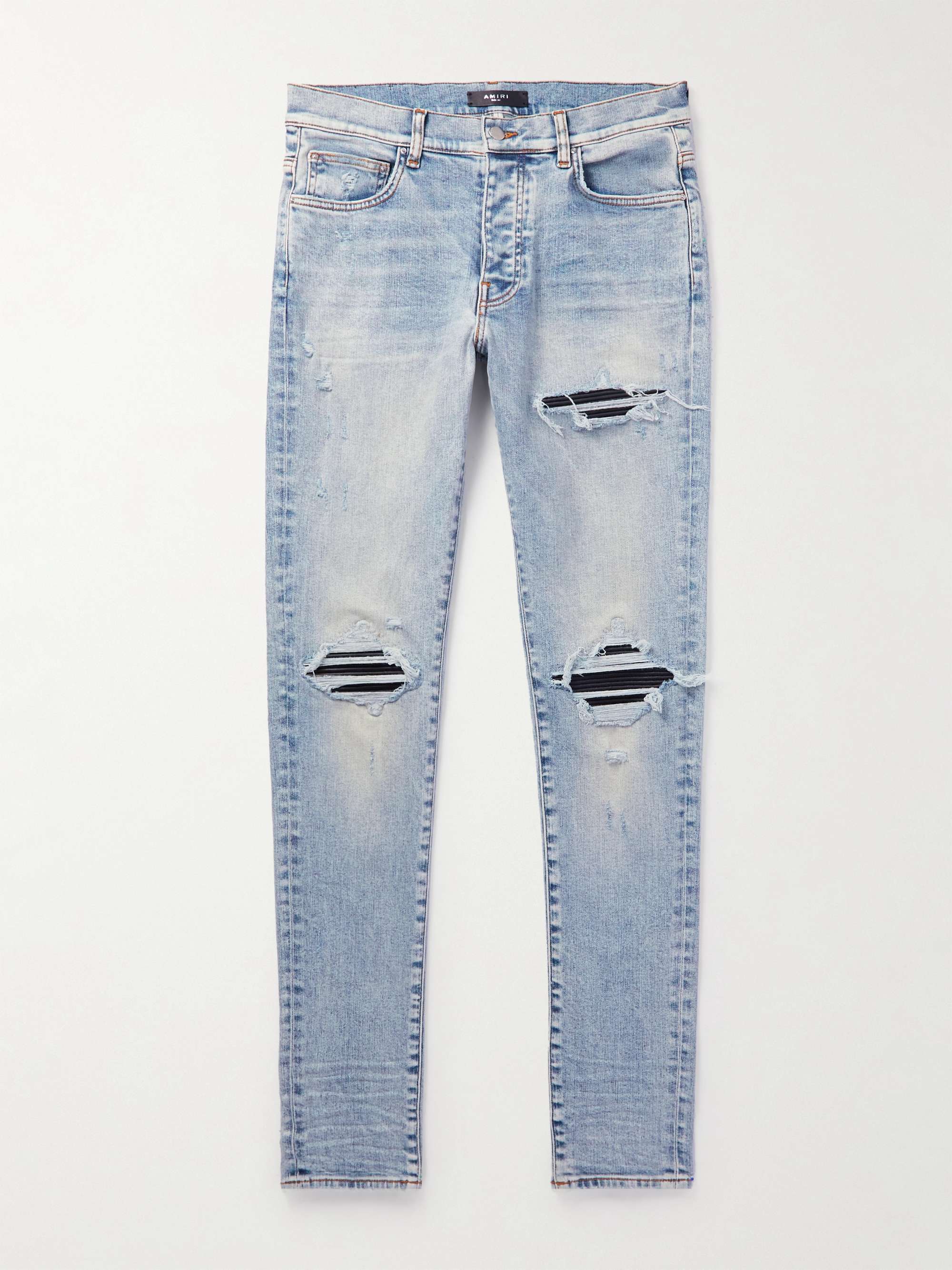 AMIRI MX1 Skinny-Fit Distressed Leather-Panelled Jeans for Men | MR PORTER