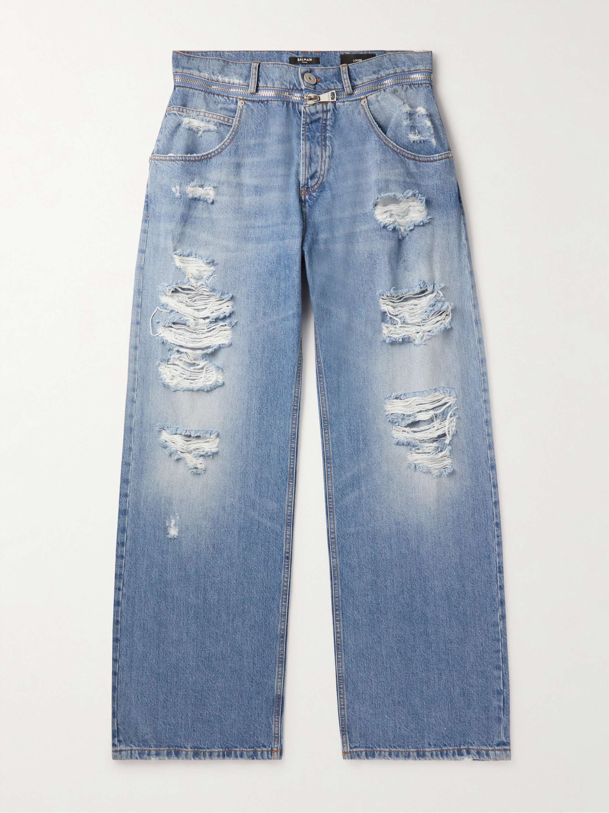 Blue Straight-Leg Zip-Detailed Distressed Jeans | BALMAIN | MR PORTER