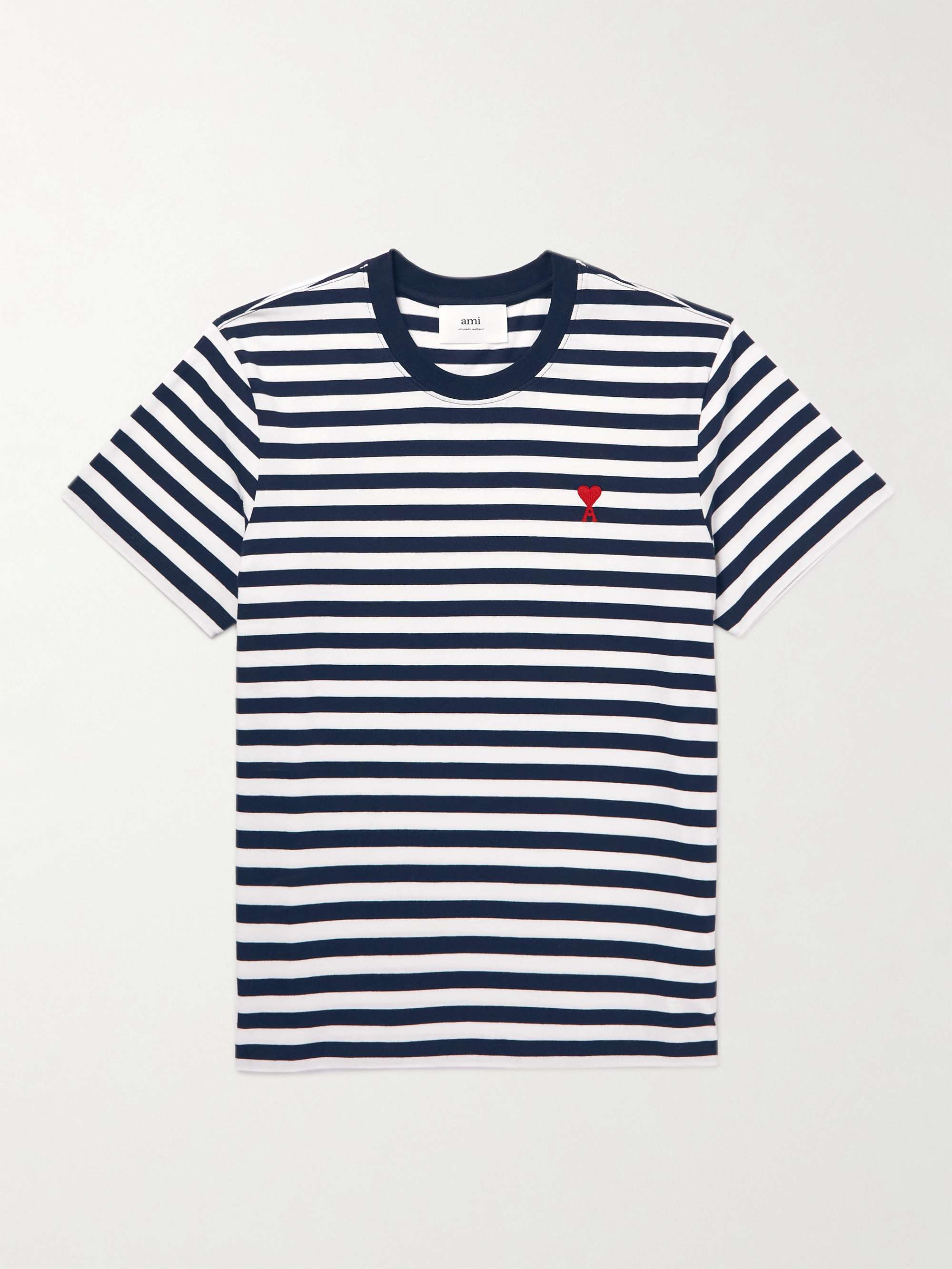 Navy Logo-Embroidered Striped Cotton-Jersey T-Shirt | AMI PARIS | MR PORTER