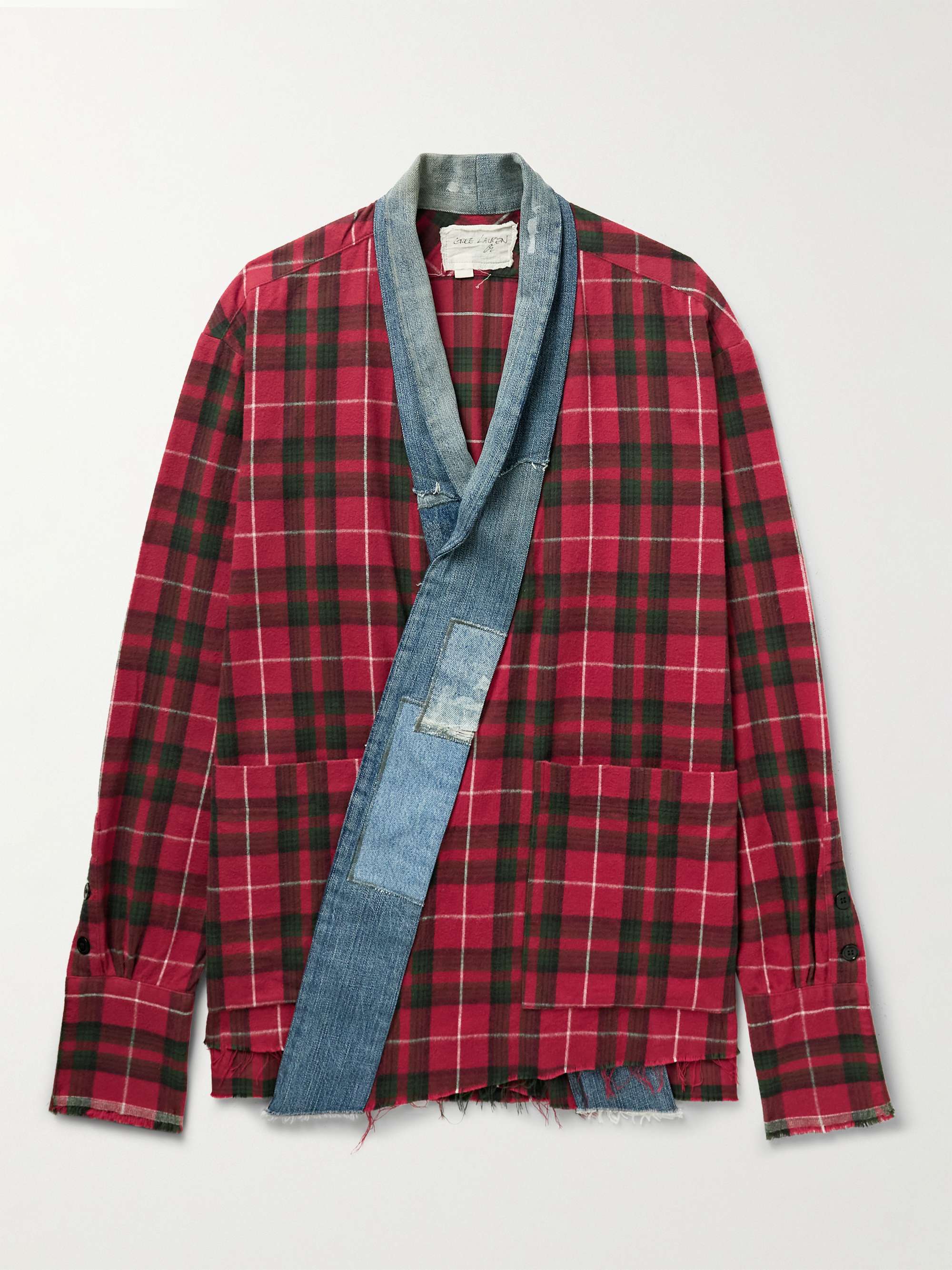 GREG LAUREN Shawl-Collar Denim-Trimmed Checked Cotton-Flannel Cardigan for  Men | MR PORTER