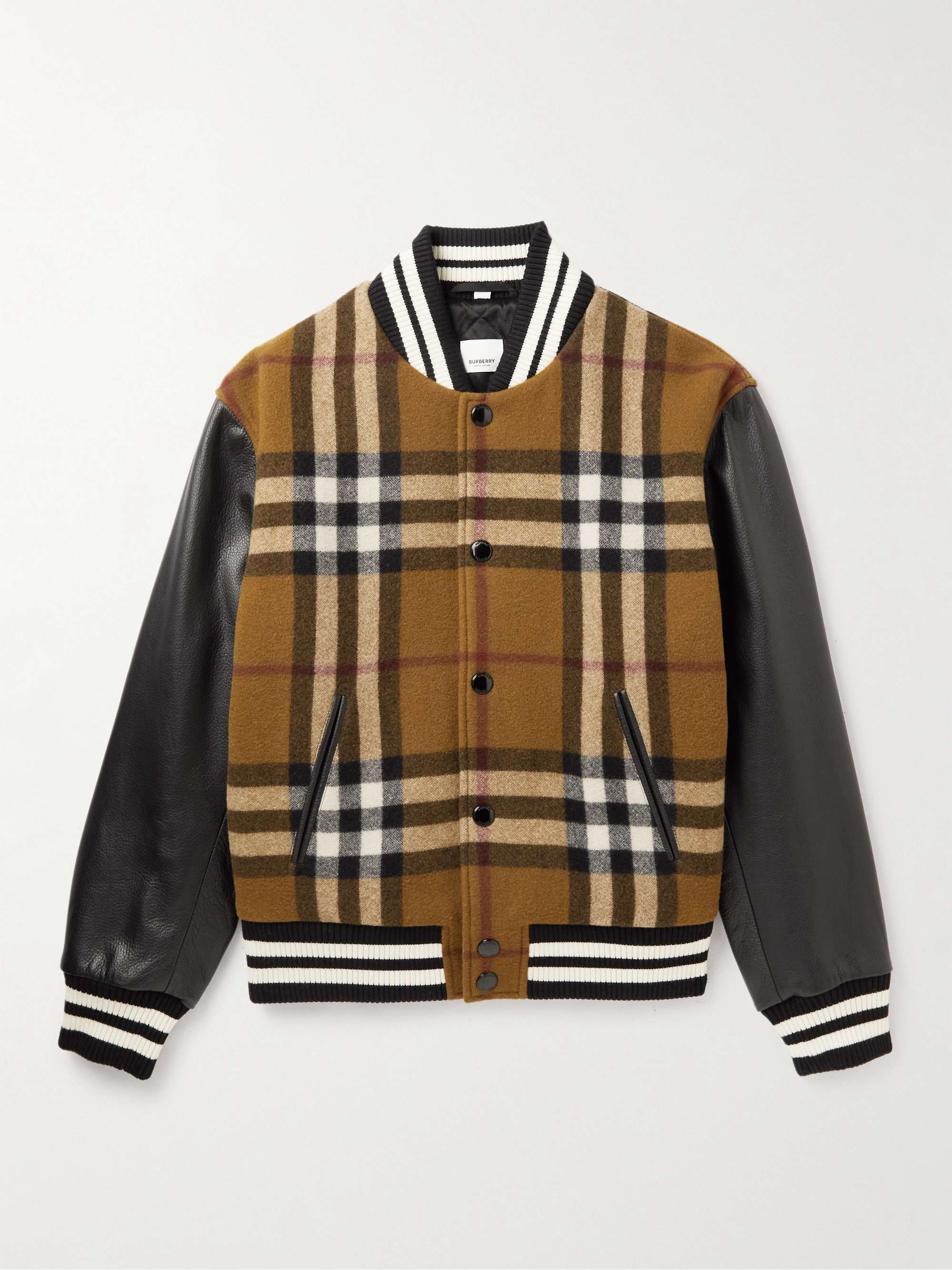 BURBERRY Checked Wool-Blend and Full-Grain Leather Varsity Jacket for Men |  MR PORTER