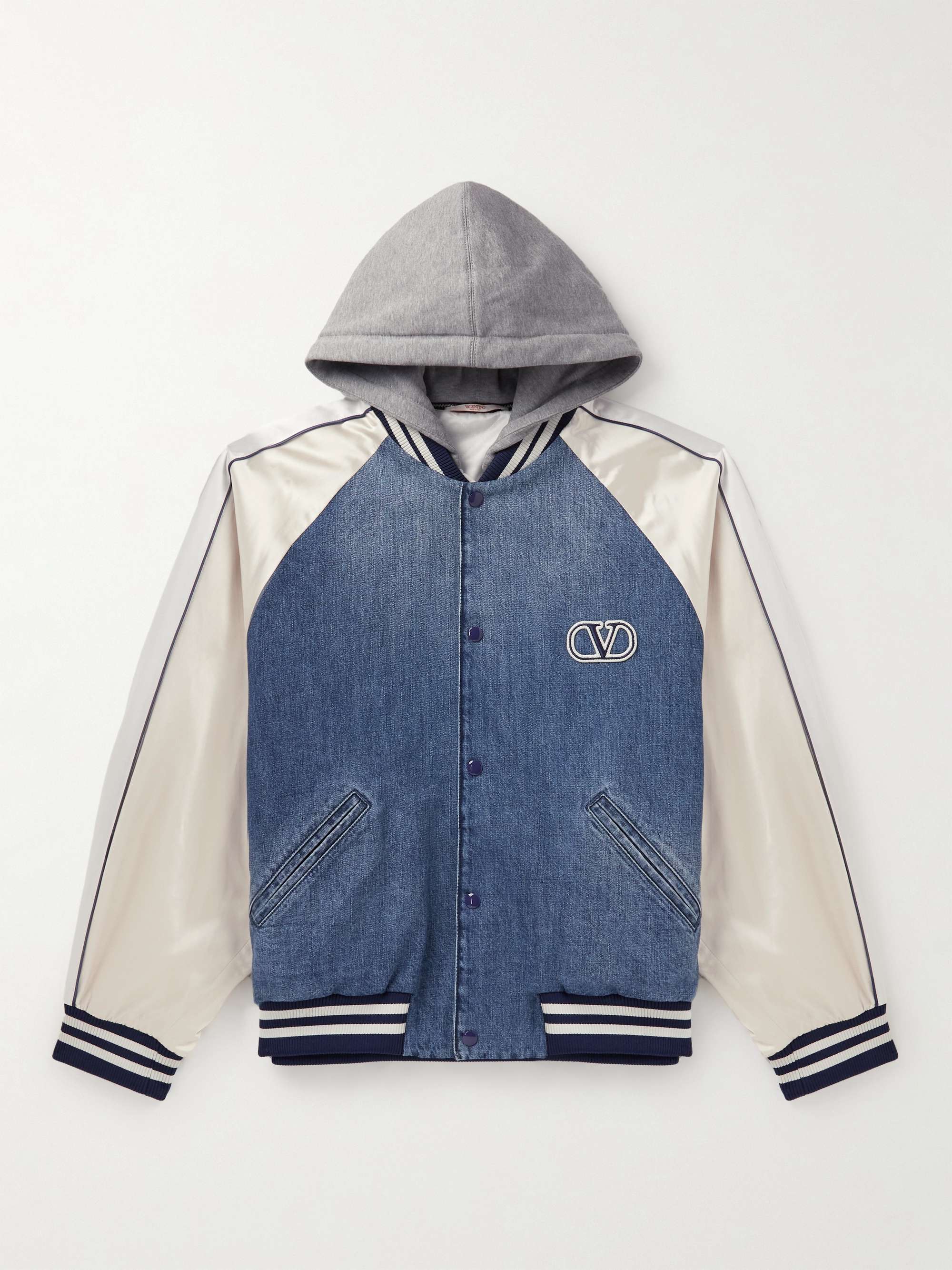Cotton-Jersey, Satin and Denim Hooded Bomber Jacket