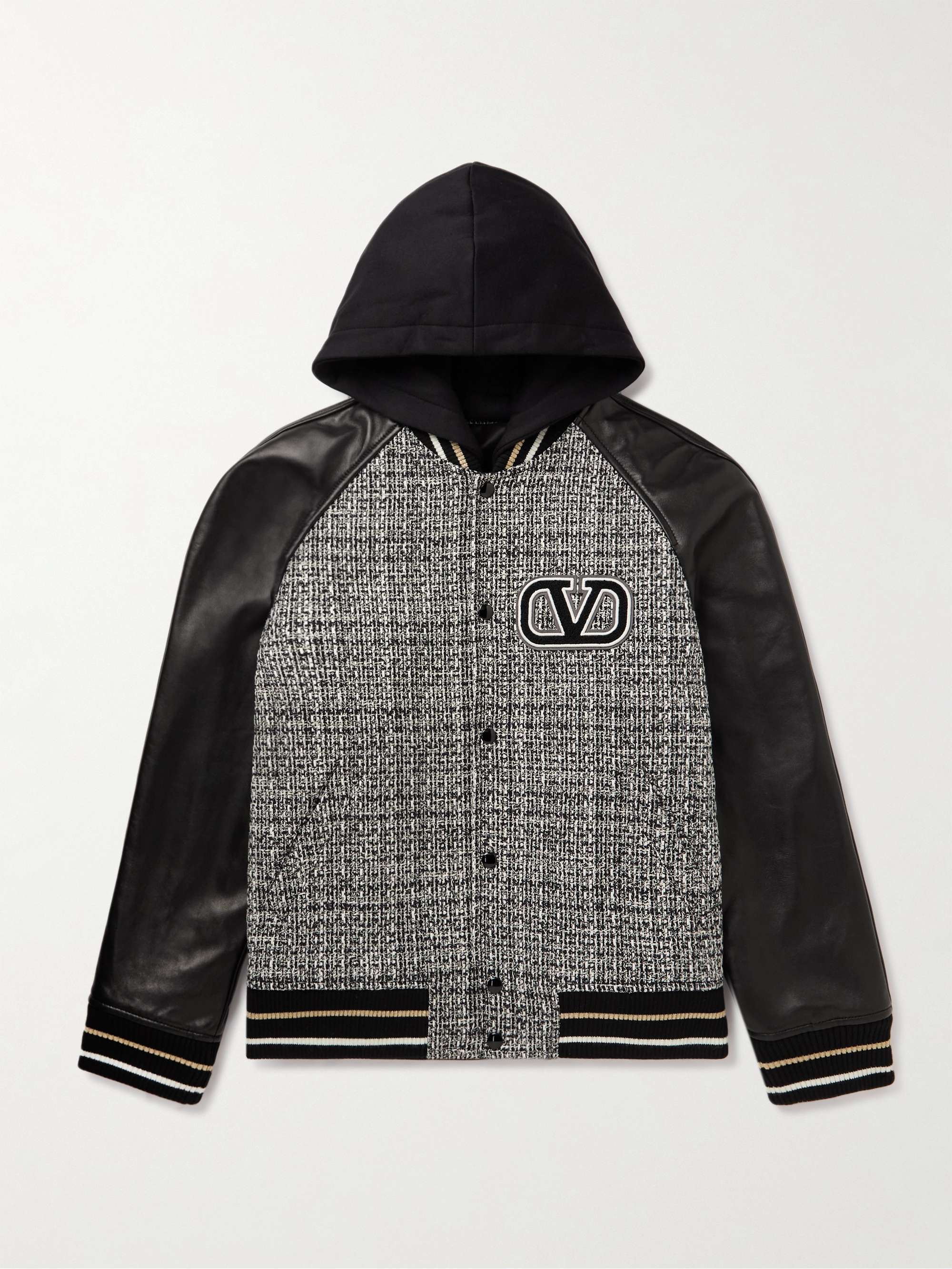 Valentino Garavani Cotton-blend bouclé-tweed and Leather Hooded Bomber Jacket - Men - Black Coats and Jackets - M
