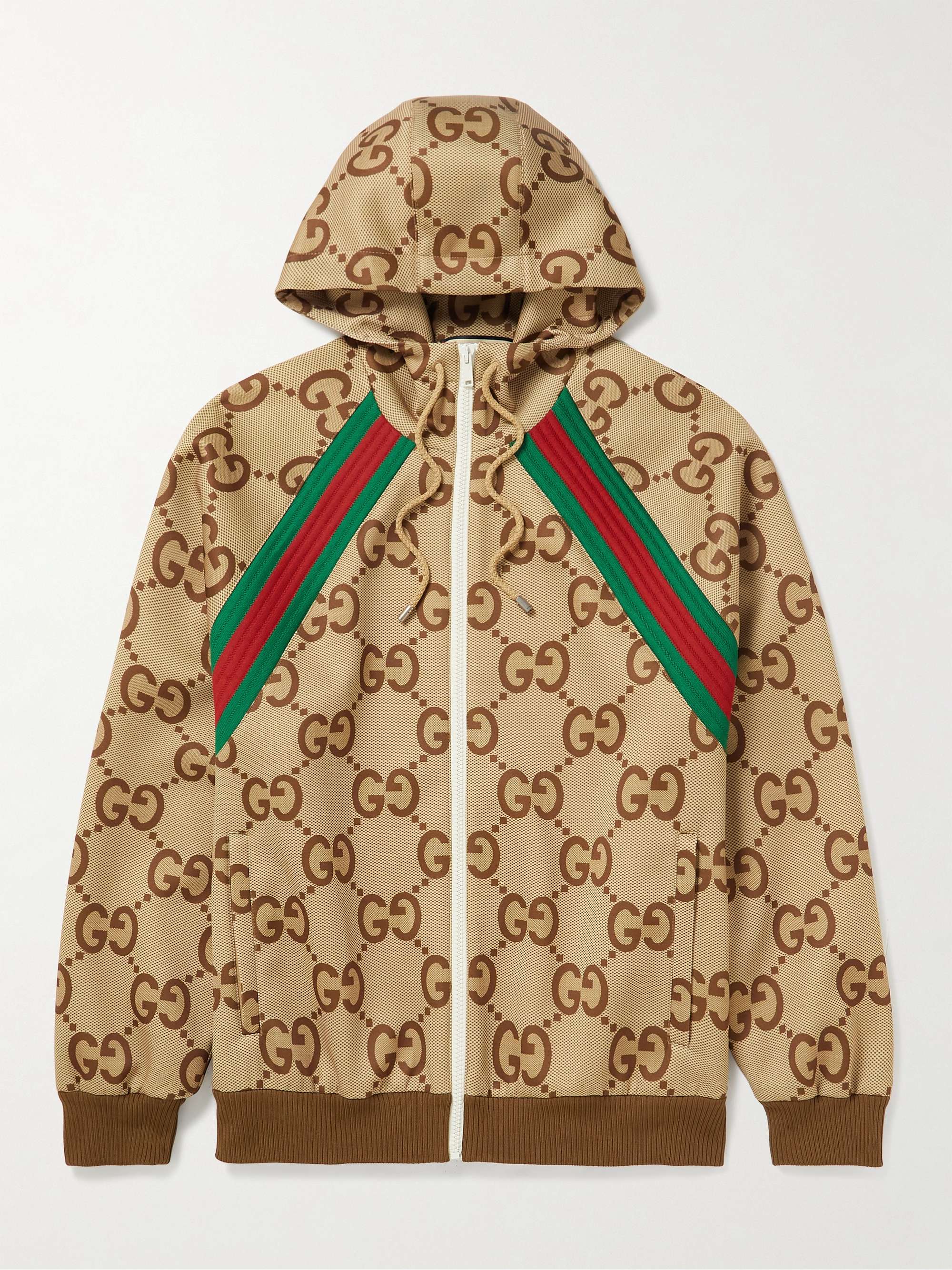 Gucci - Men - Webbing-Trimmed logo-print Stretch-jersey Hooded Jacket Neutrals - M