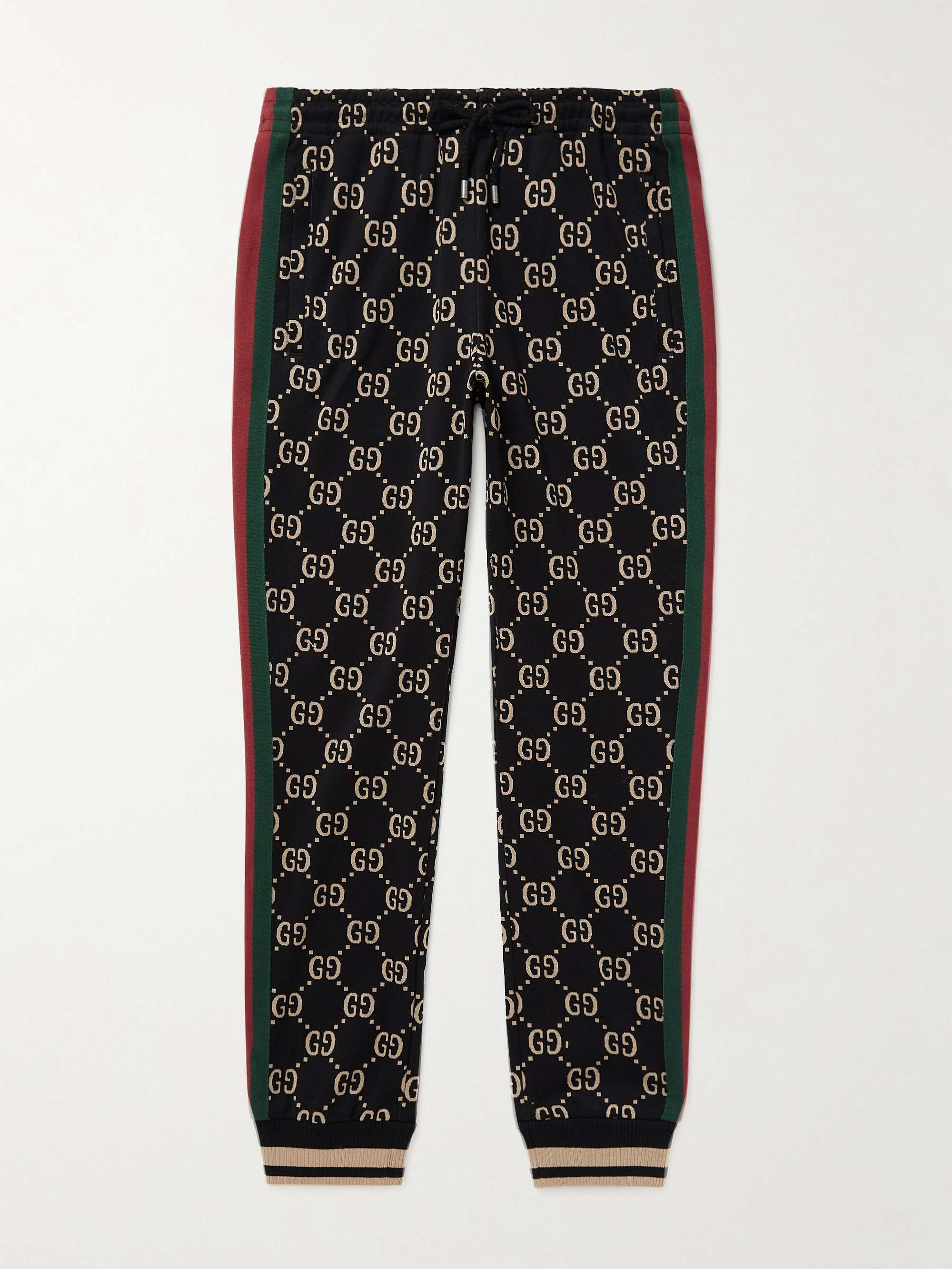 Black Tapered Webbing-Trimmed Monogrammed Cotton-Jersey Sweatpants | GUCCI  | MR PORTER