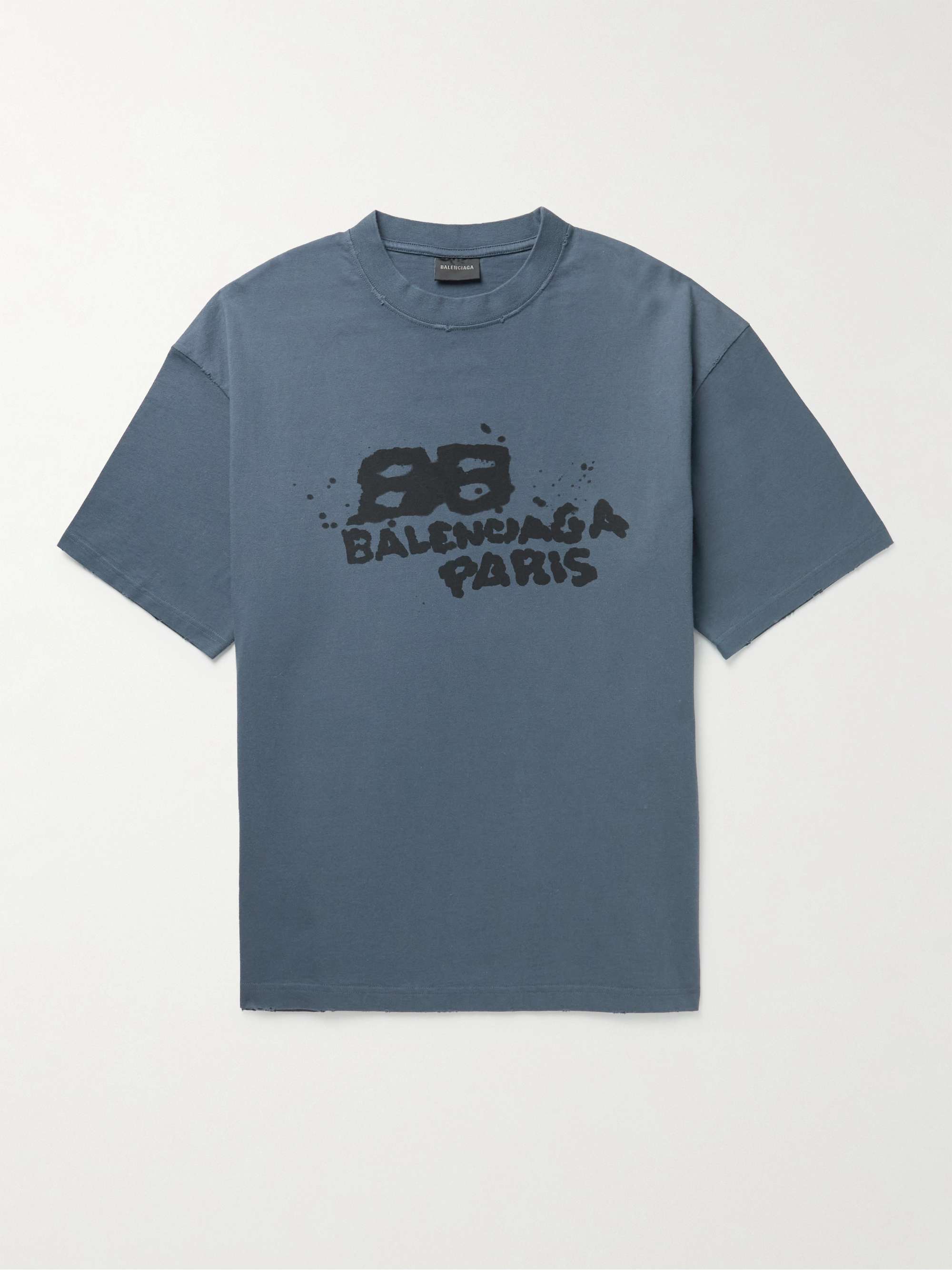 Blue Distressed Logo-Print Cotton-Jersey T-Shirt | BALENCIAGA | MR PORTER