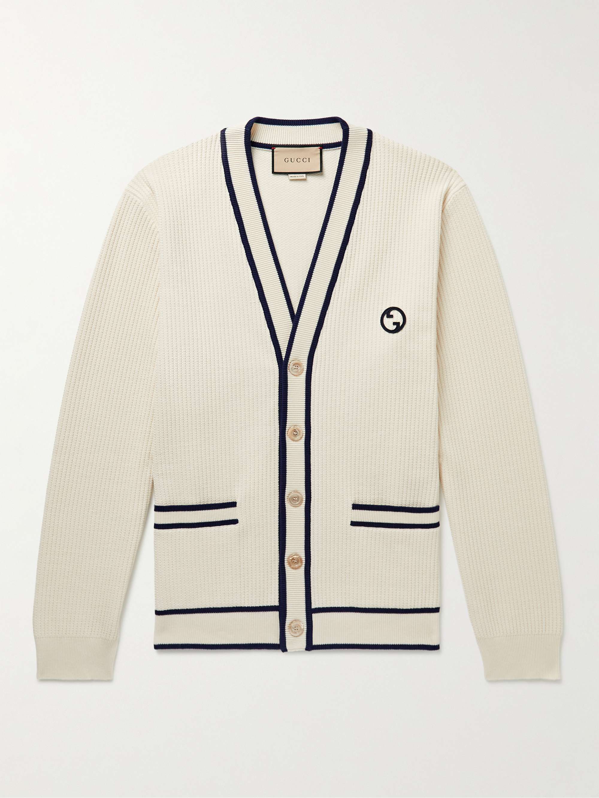 GUCCI Logo-Appliquéd Ribbed Cotton and Wool-Blend Cardigan for Men | MR  PORTER