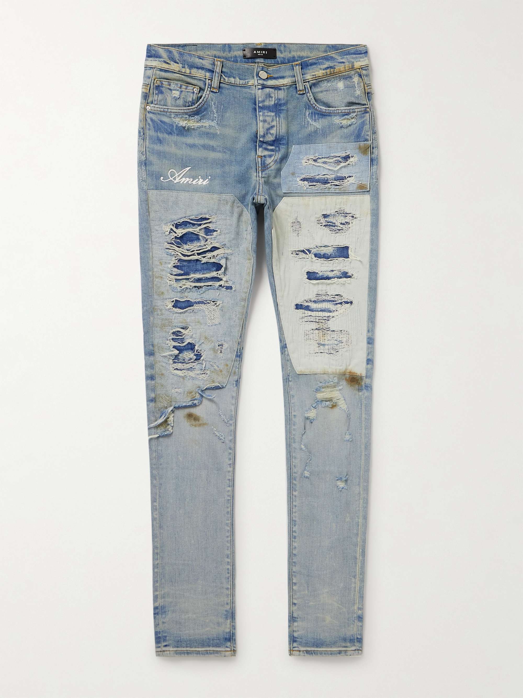AMIRI Skinny-Fit Logo-Embroidered Distressed Patchwork Jeans for Men | MR  PORTER