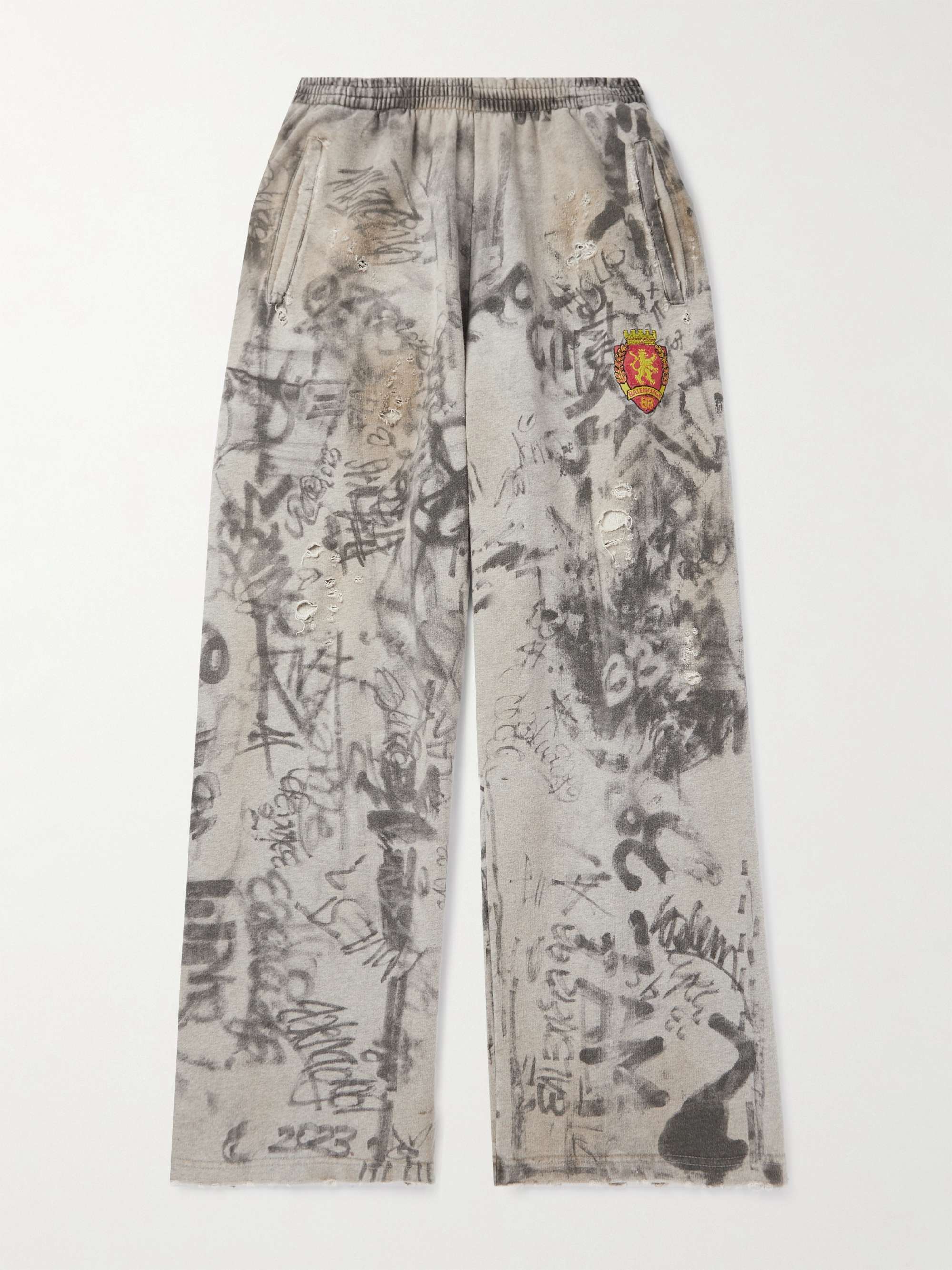 BALENCIAGA Wide-Leg Logo-Embroidered Distressed Printed Cotton-Jersey  Sweatpants for Men | MR PORTER