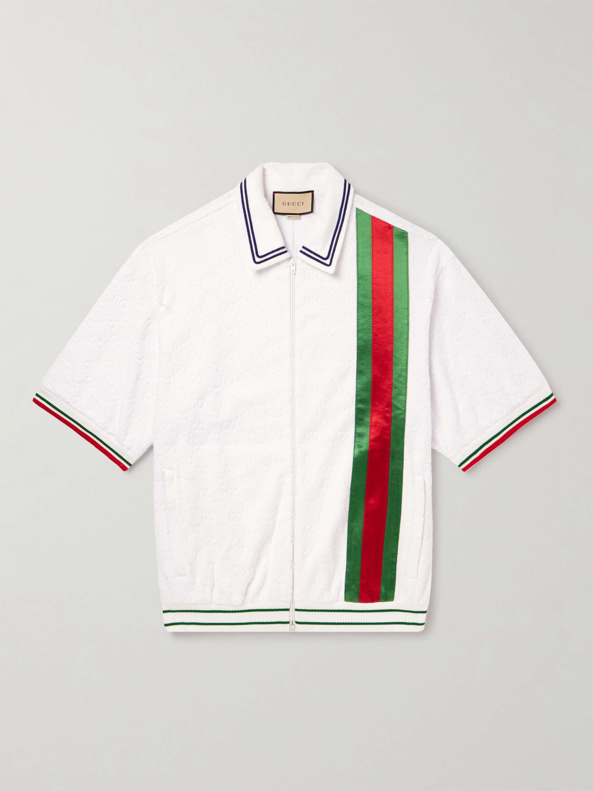 GUCCI Satin-Trimmed Monogrammed Cotton-Blend Terry Zip-Up Polo Shirt | MR  PORTER