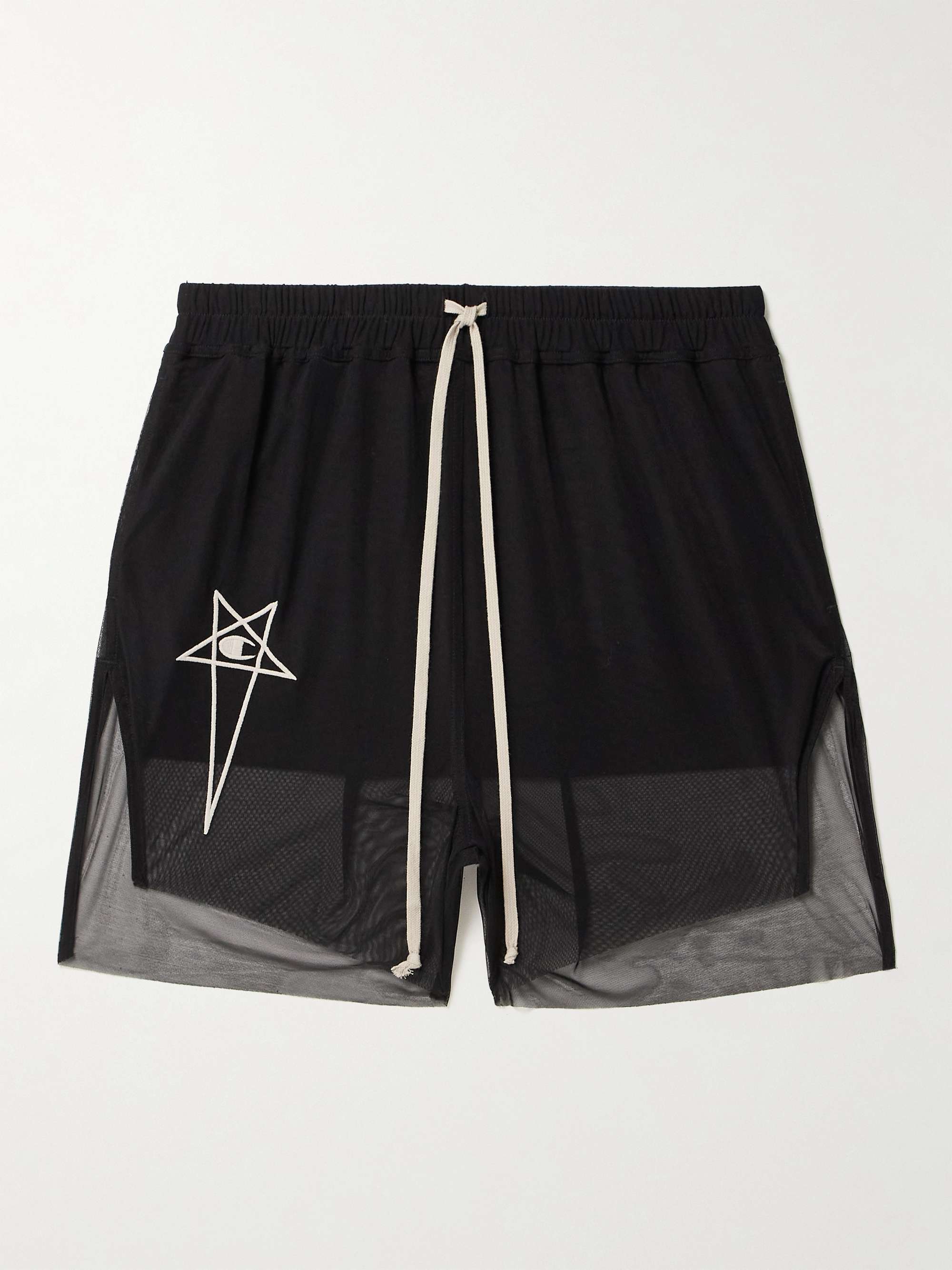 RICK OWENS + Champion Dolphin Straight-Leg Embroidered Stretch  Recycled-Mesh Shorts for Men | MR PORTER