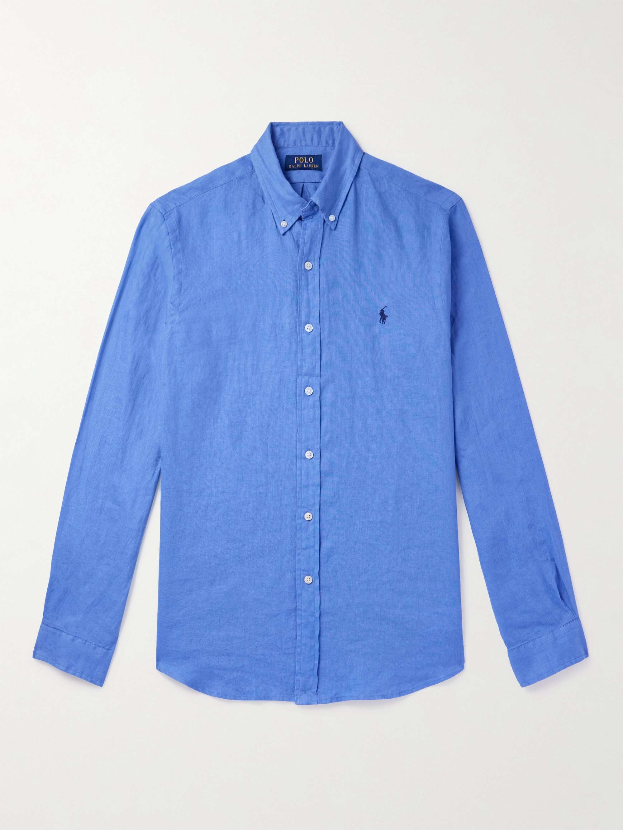أزرق قميص بياقة بأزرار من الكتان مطرّز بشعار العلامة | POLO RALPH LAUREN |  MR PORTER