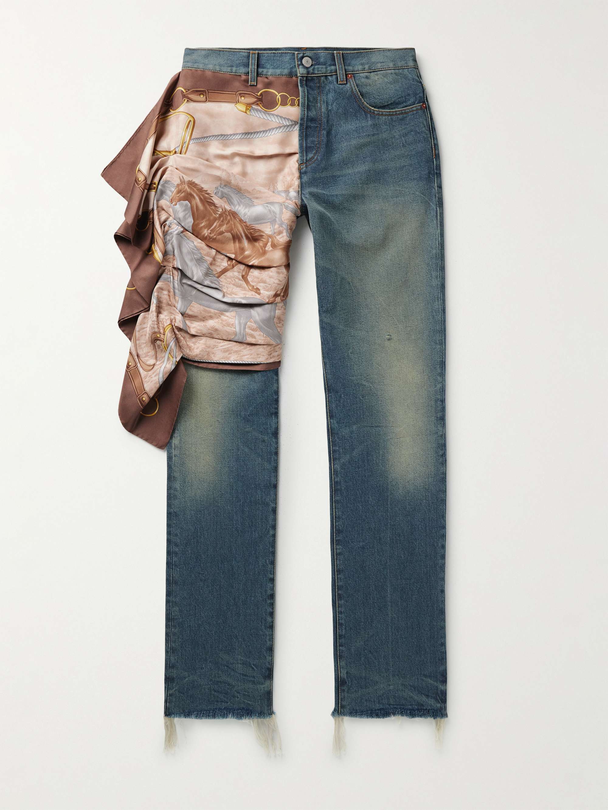 GUCCI Slim-Fit Straight-Leg Printed Silk Twill-Trimmed Frayed Jeans for Men  | MR PORTER