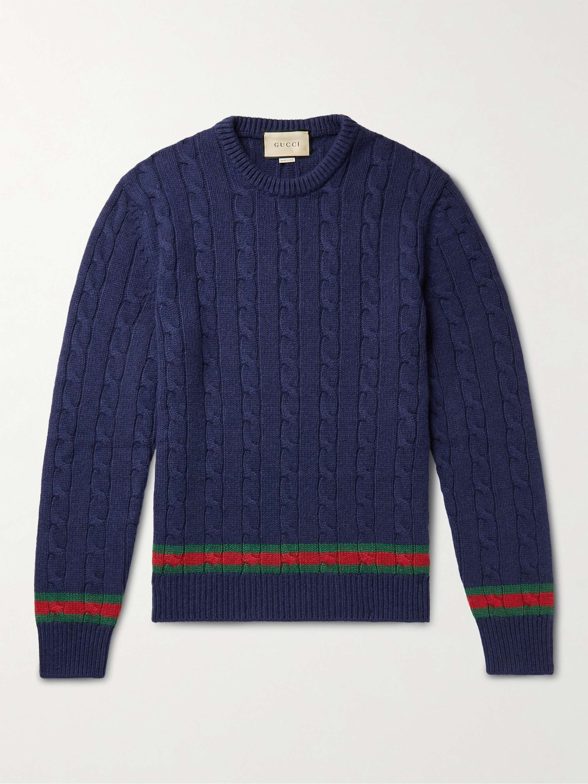 GUCCI Stripe-Trimmed Cable-Knit Cashmere and Wool-Blend Sweater | MR PORTER