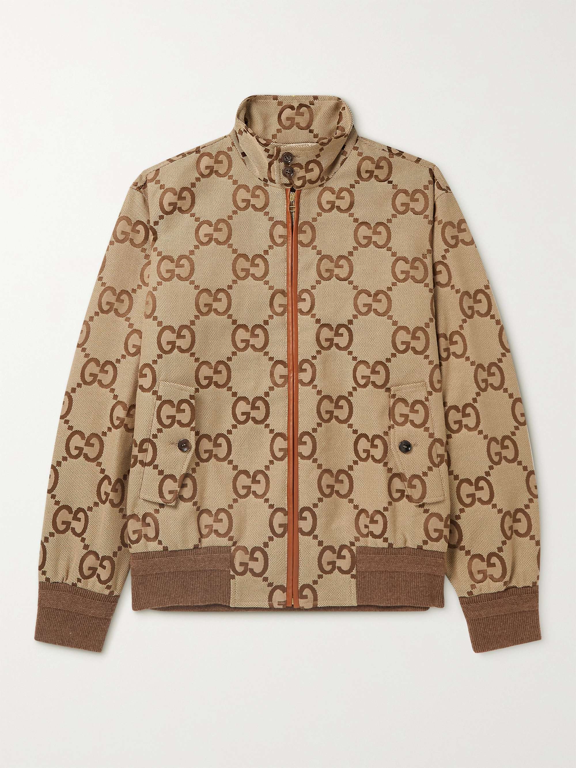 Brown Logo-Jacquard Leather-Trimmed Cotton-Blend Canvas Bomber Jacket |  GUCCI | MR PORTER