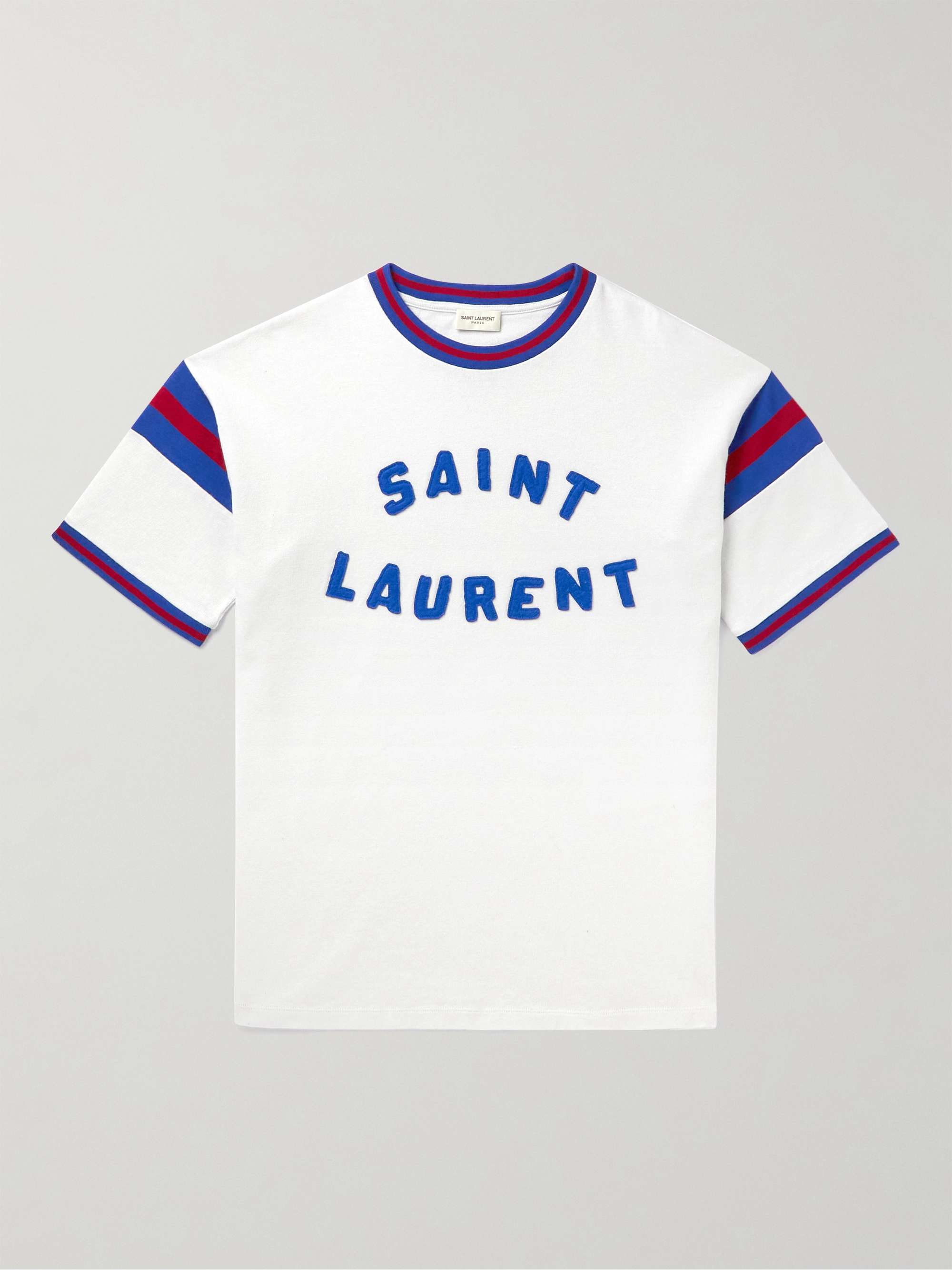 White Slim-Fit Logo-Appliquéd Striped Cotton-Blend Jersey T-Shirt | SAINT  LAURENT | MR PORTER
