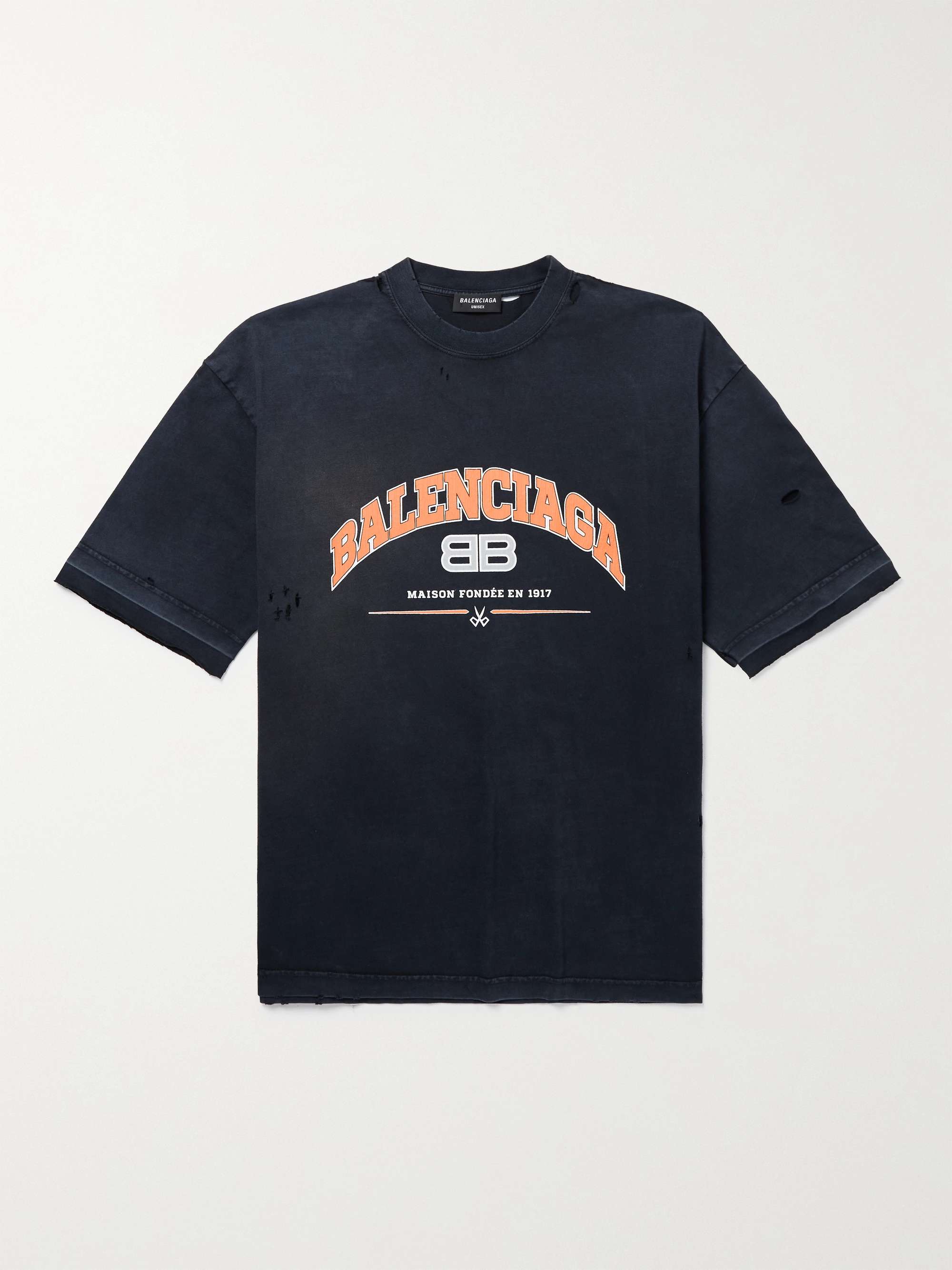 BALENCIAGA Distressed Logo-Print Washed Cotton-Jersey T-Shirt | MR PORTER