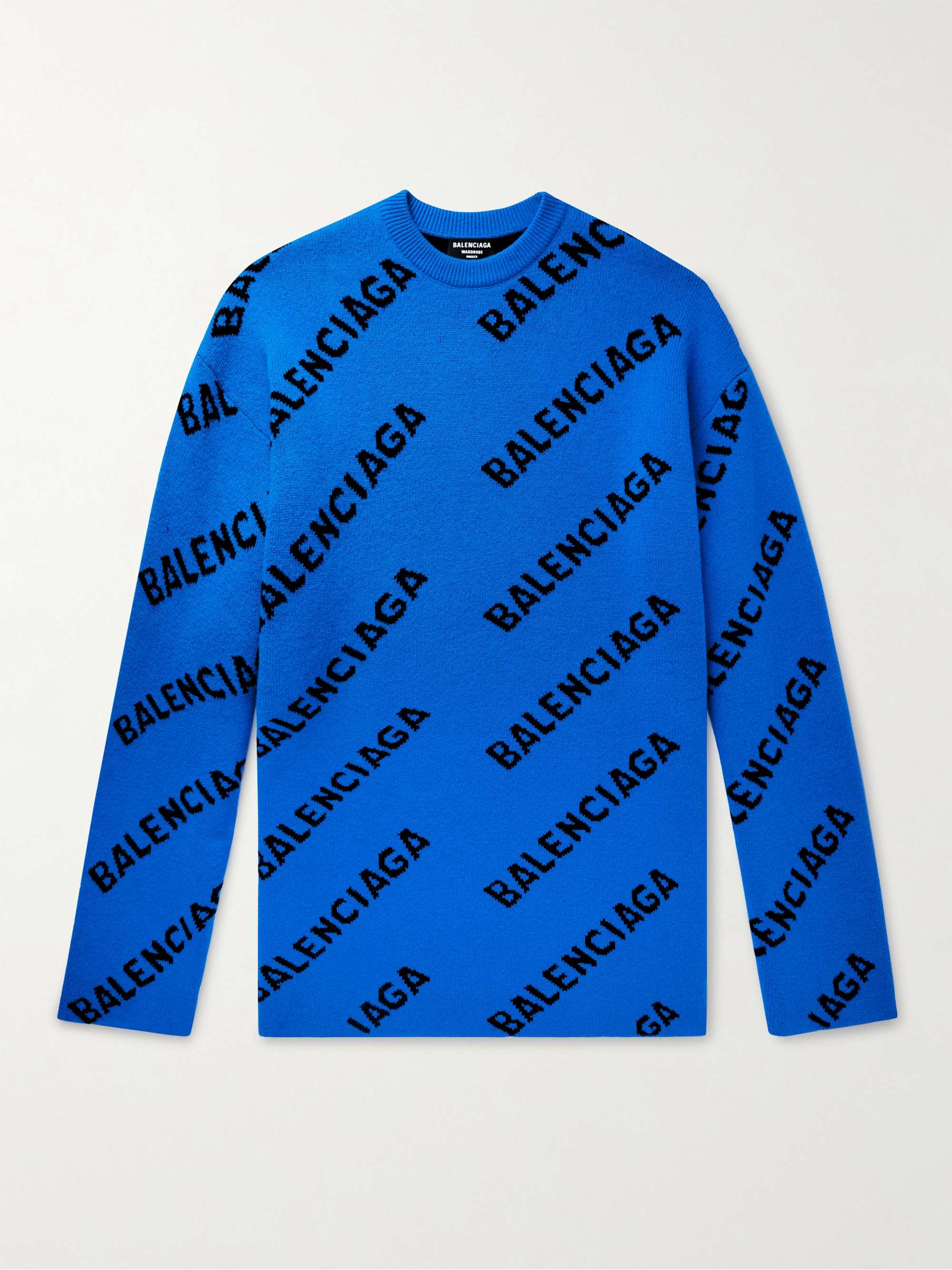 Blue Oversized Logo-Jacquard Wool-Blend Sweater | BALENCIAGA | MR PORTER