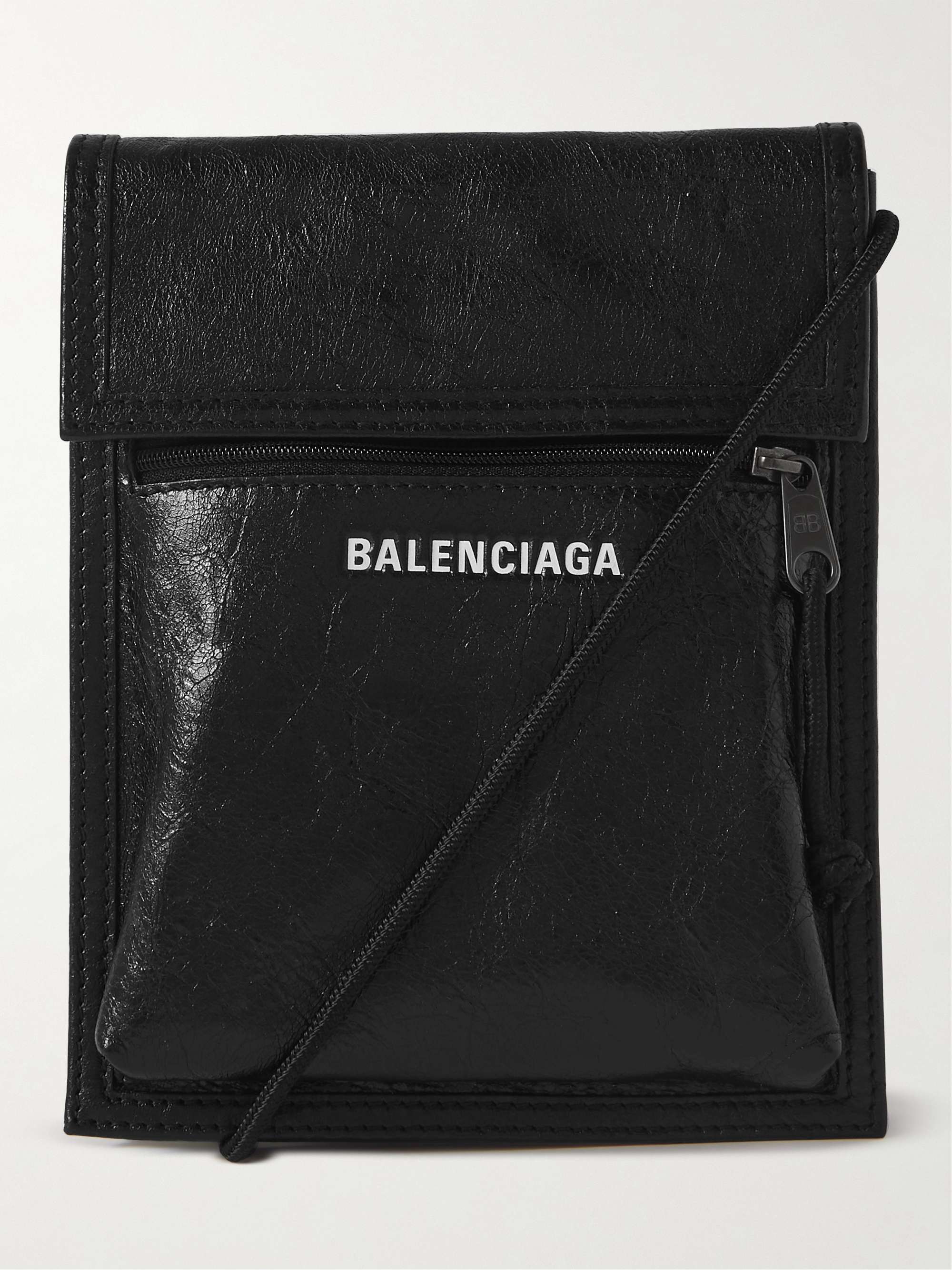 BALENCIAGA Explorer Logo-Print Crinkled-Leather Messenger Bag | MR PORTER