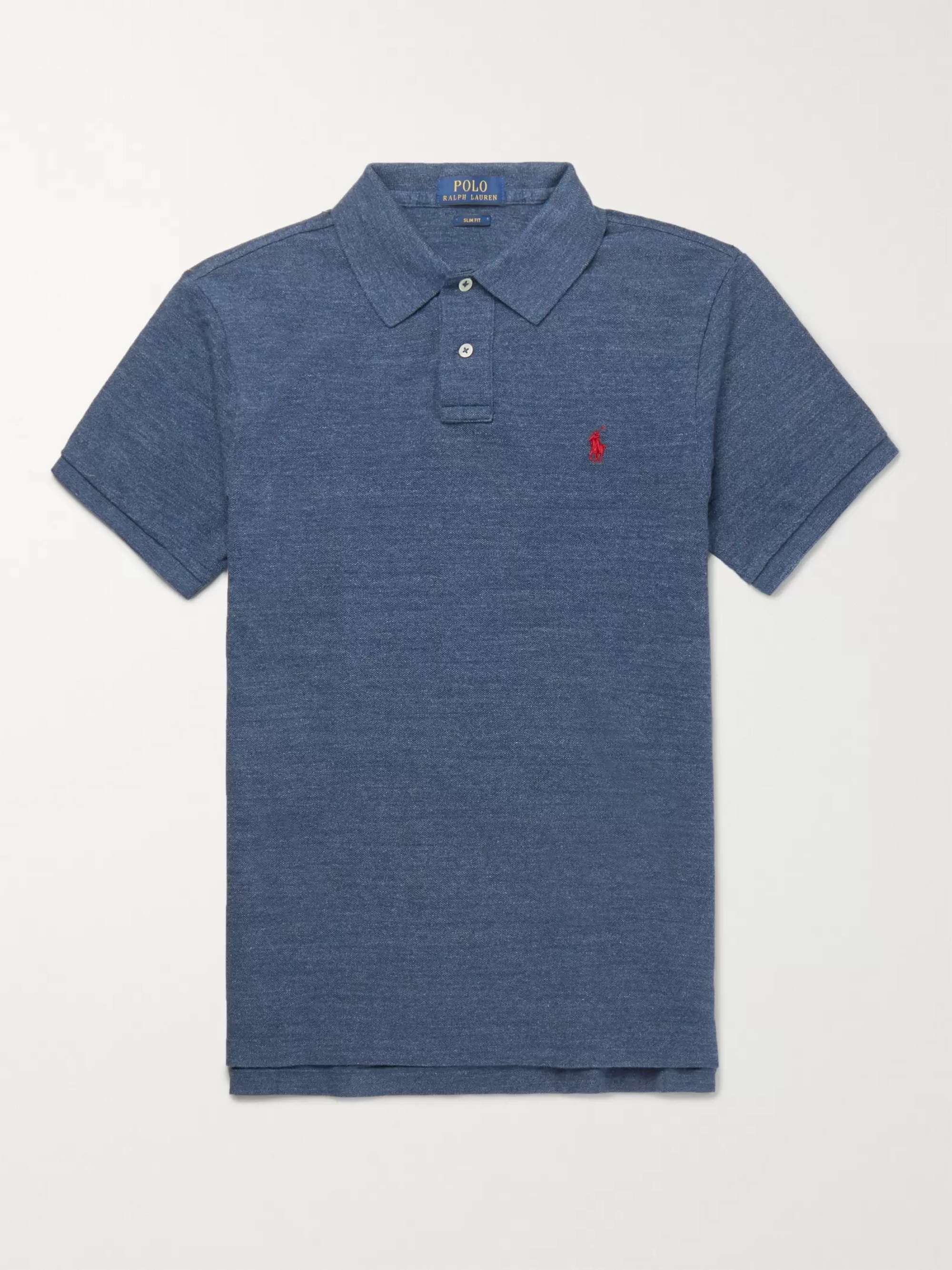 Navy Slim-Fit Mélange Cotton-Piqué Polo Shirt | POLO RALPH LAUREN | MR  PORTER