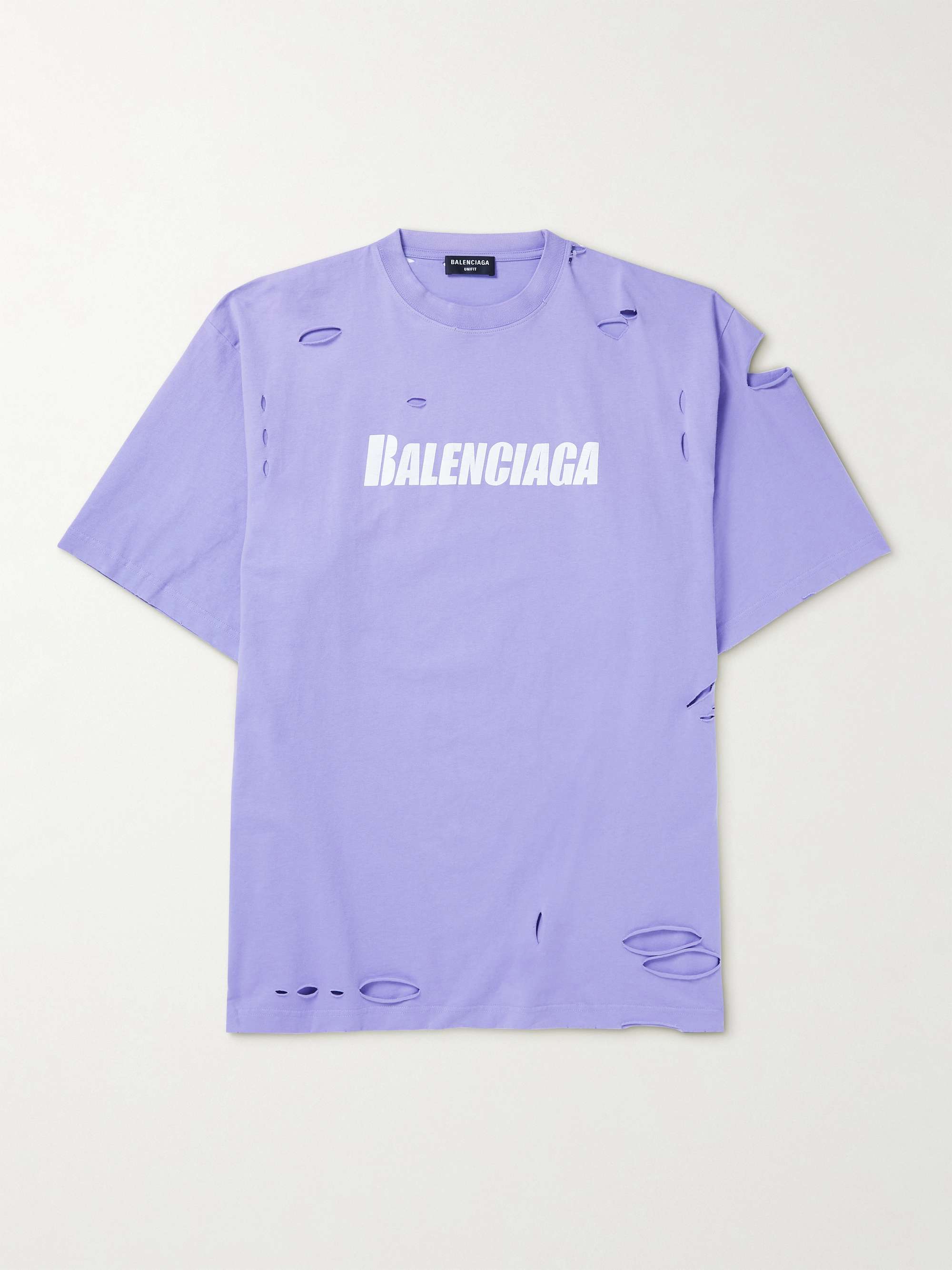 BALENCIAGA Oversized Distressed Logo-Print Cotton-Jersey T-Shirt | MR PORTER