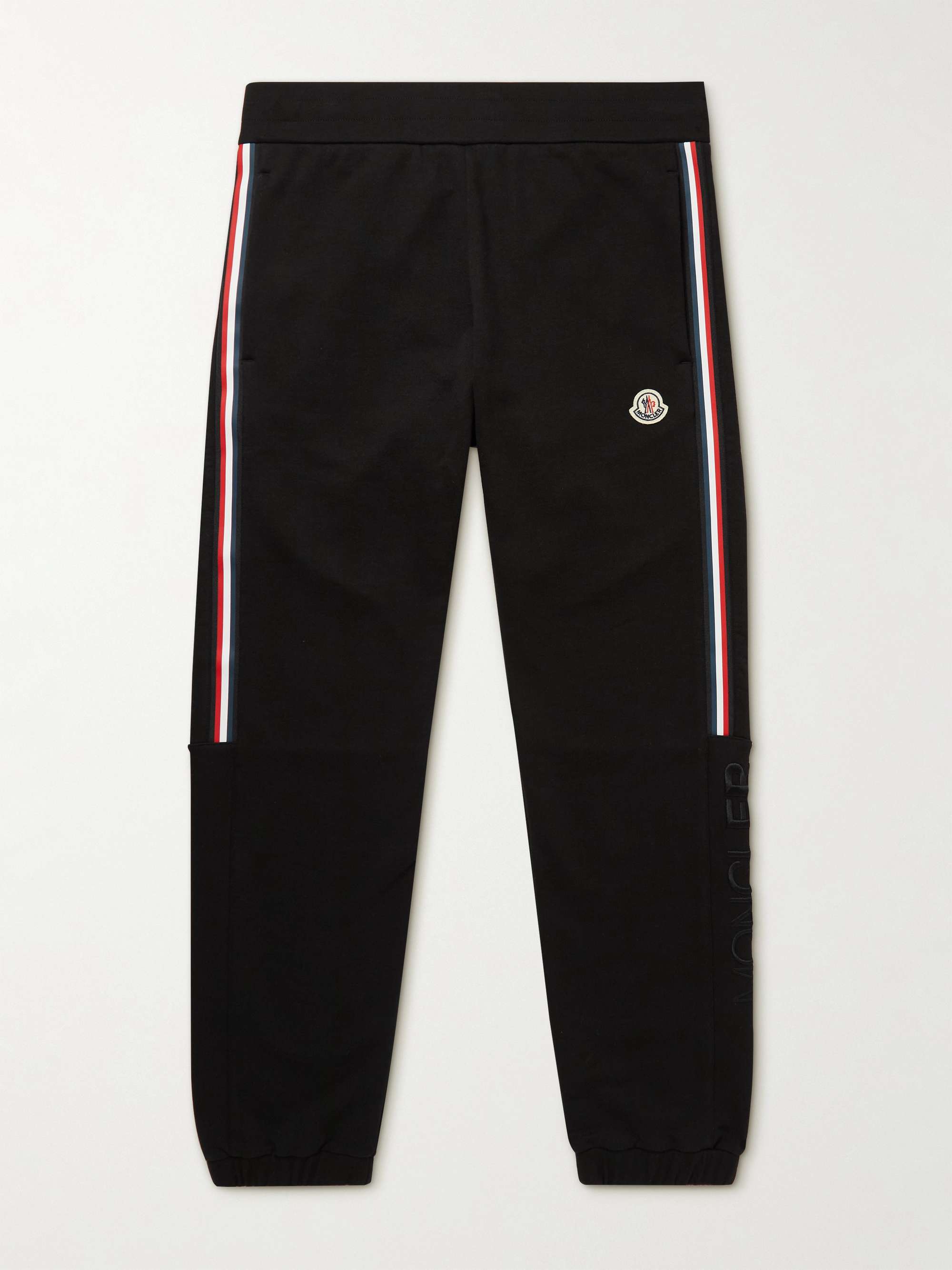 MONCLER Tapered Logo-Appliquéd Striped Cotton-Jersey Sweatpants | MR PORTER