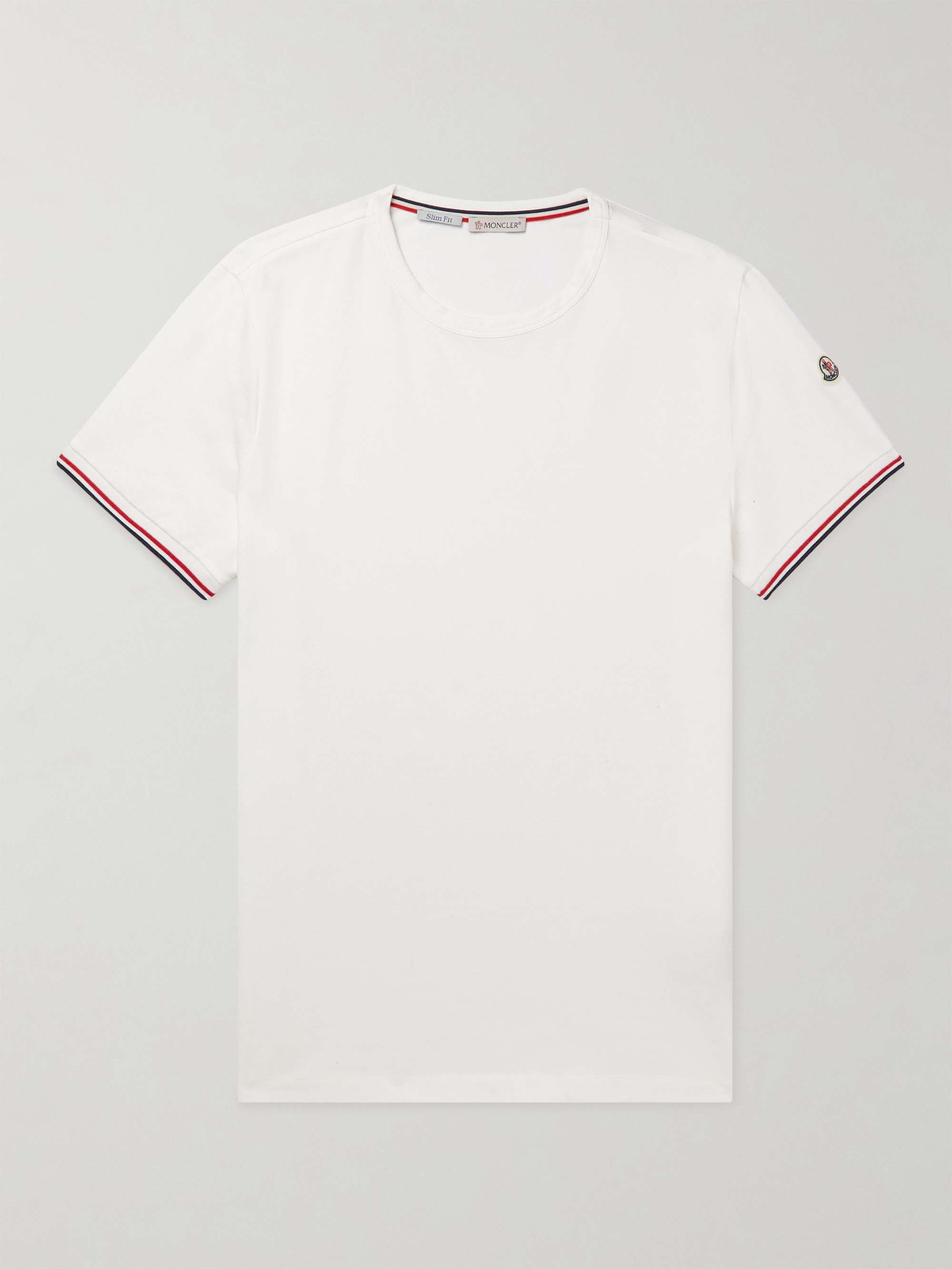 White Logo-Appliquéd Striped Stretch-Cotton Jersey T-Shirt | MONCLER | MR  PORTER