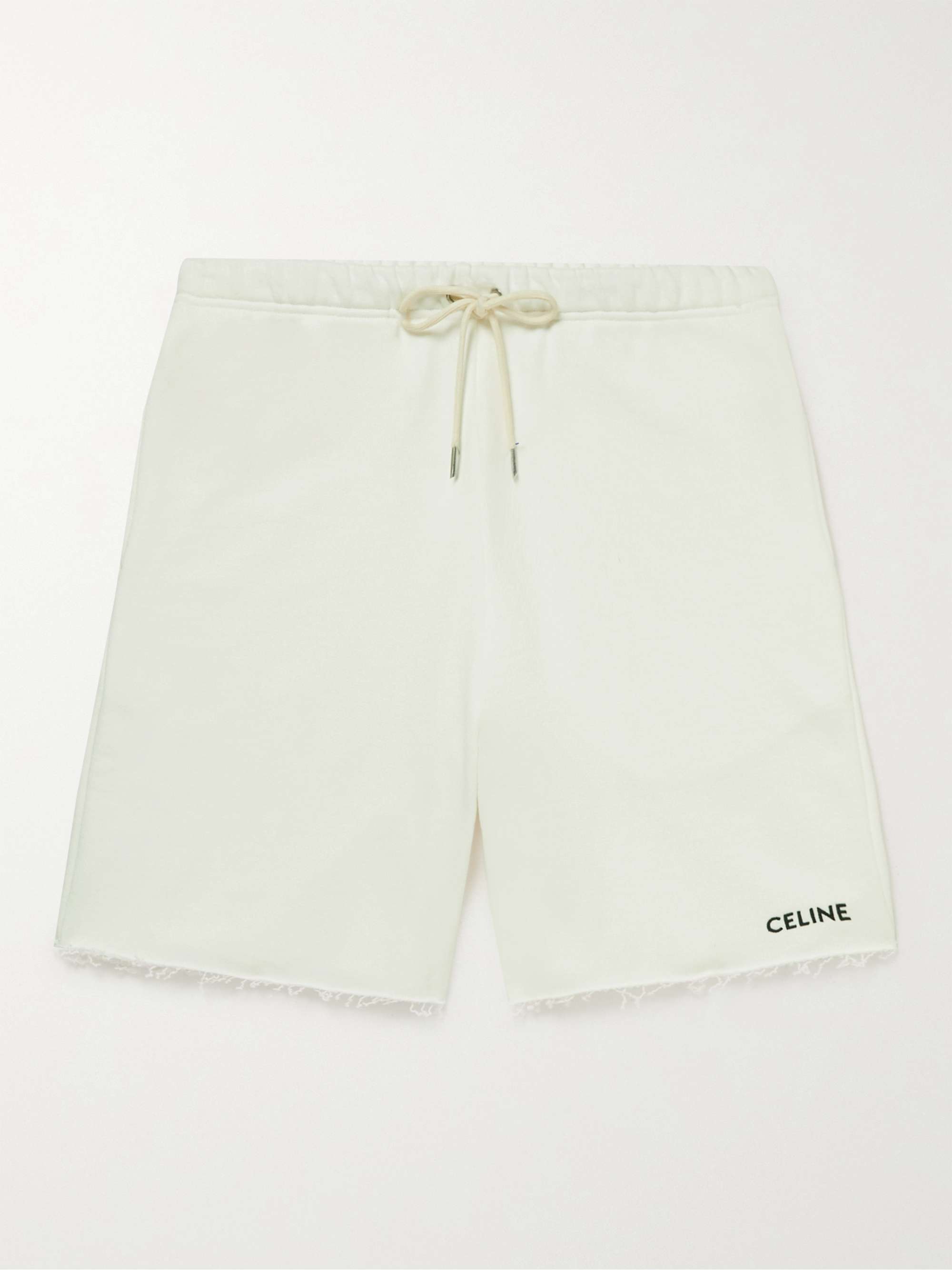White Wide-Leg Distressed Logo-Print Cotton-Jersey Drawstring Shorts |  CELINE HOMME | MR PORTER