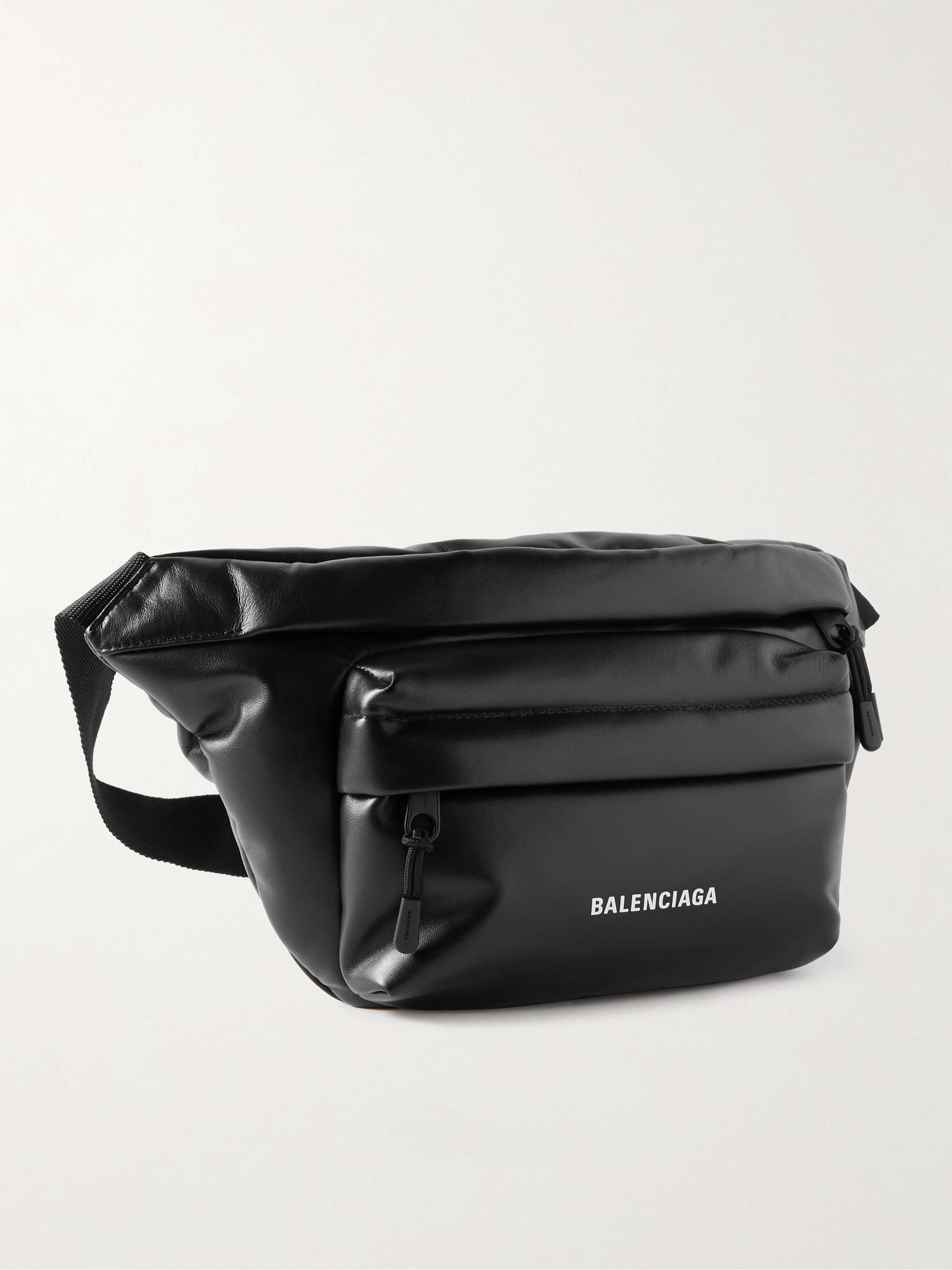 Black Puffy Padded Logo-Print Leather Belt Bag | BALENCIAGA | MR PORTER