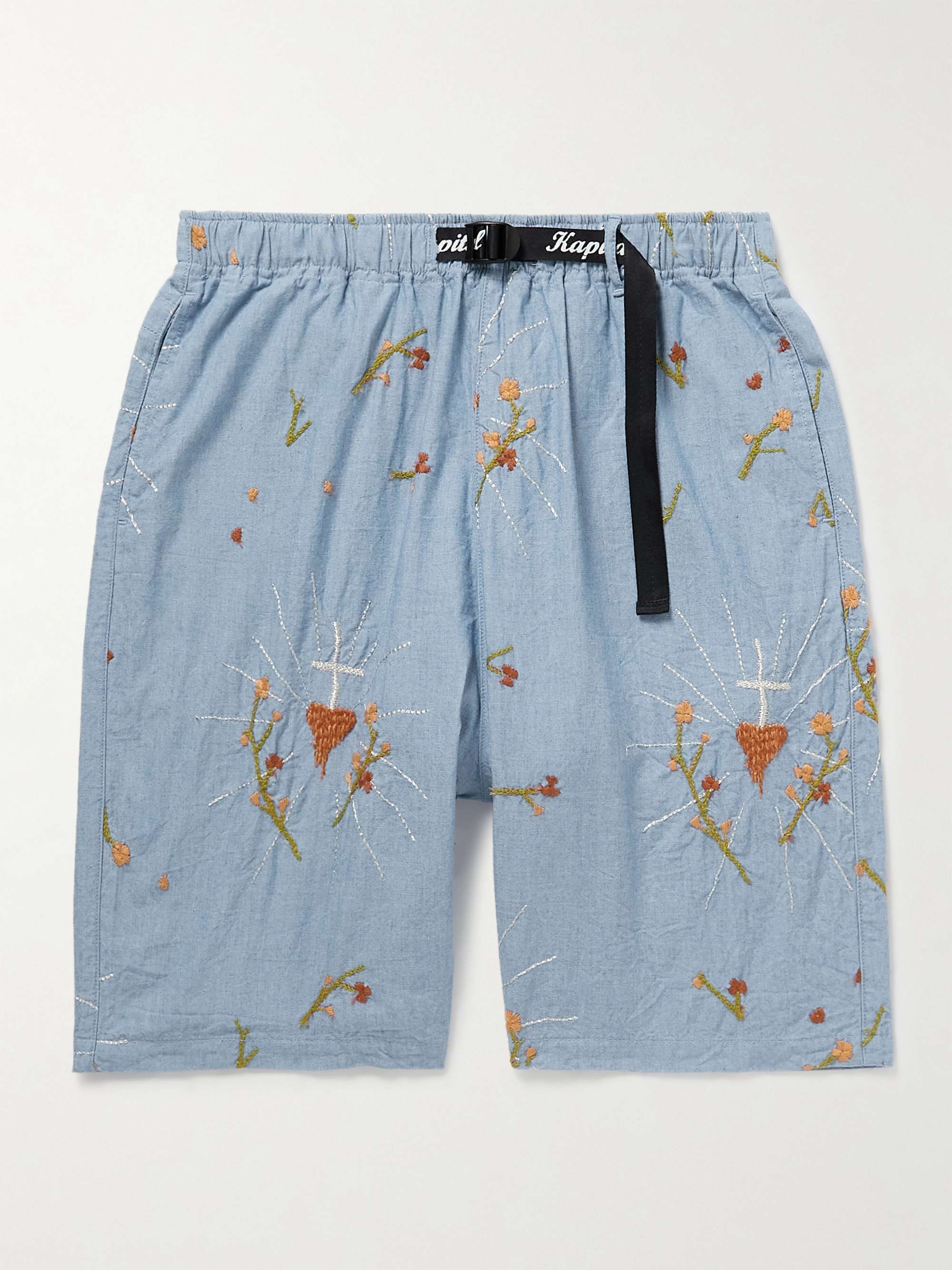 KAPITAL Wide-Leg Belted Embroidered Cotton-Chambray Bermuda Shorts for Men  | MR PORTER