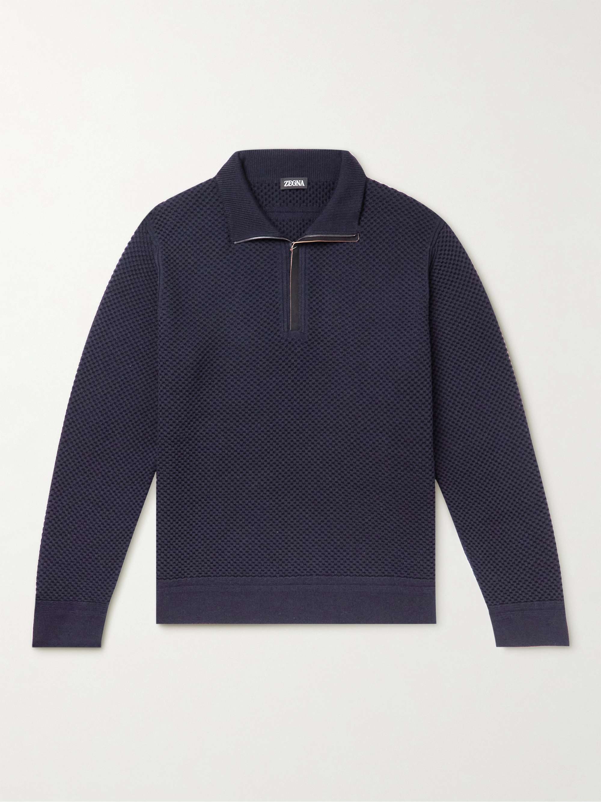 ZEGNA Leather-Trimmed Waffle-Knit Wool and Cashmere Half-Zip Sweater for  Men | MR PORTER