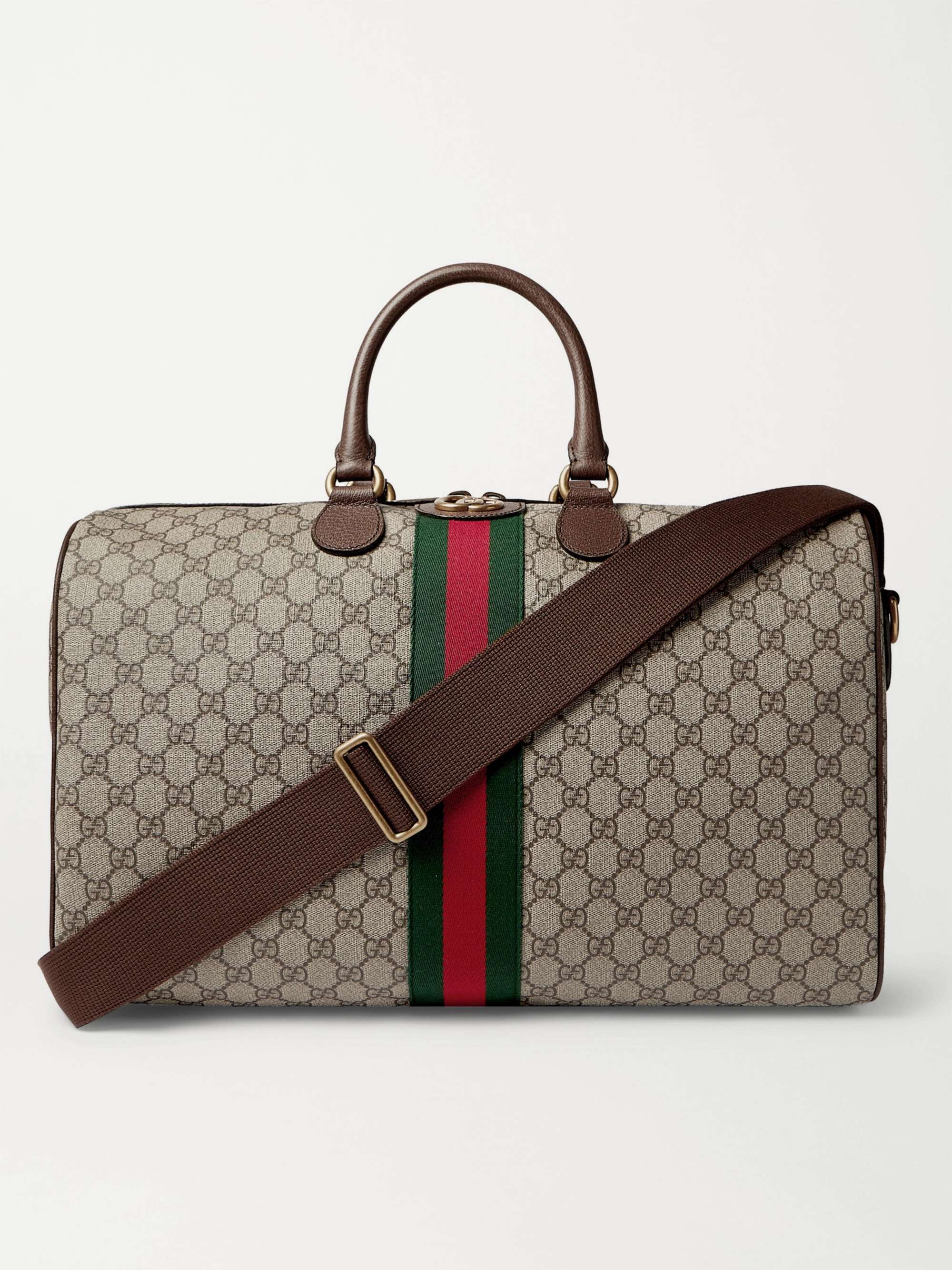 GUCCI Savoy Leather and Webbing-Trimmed Monogrammed Coated-Canvas Duffle Bag  for Men | MR PORTER