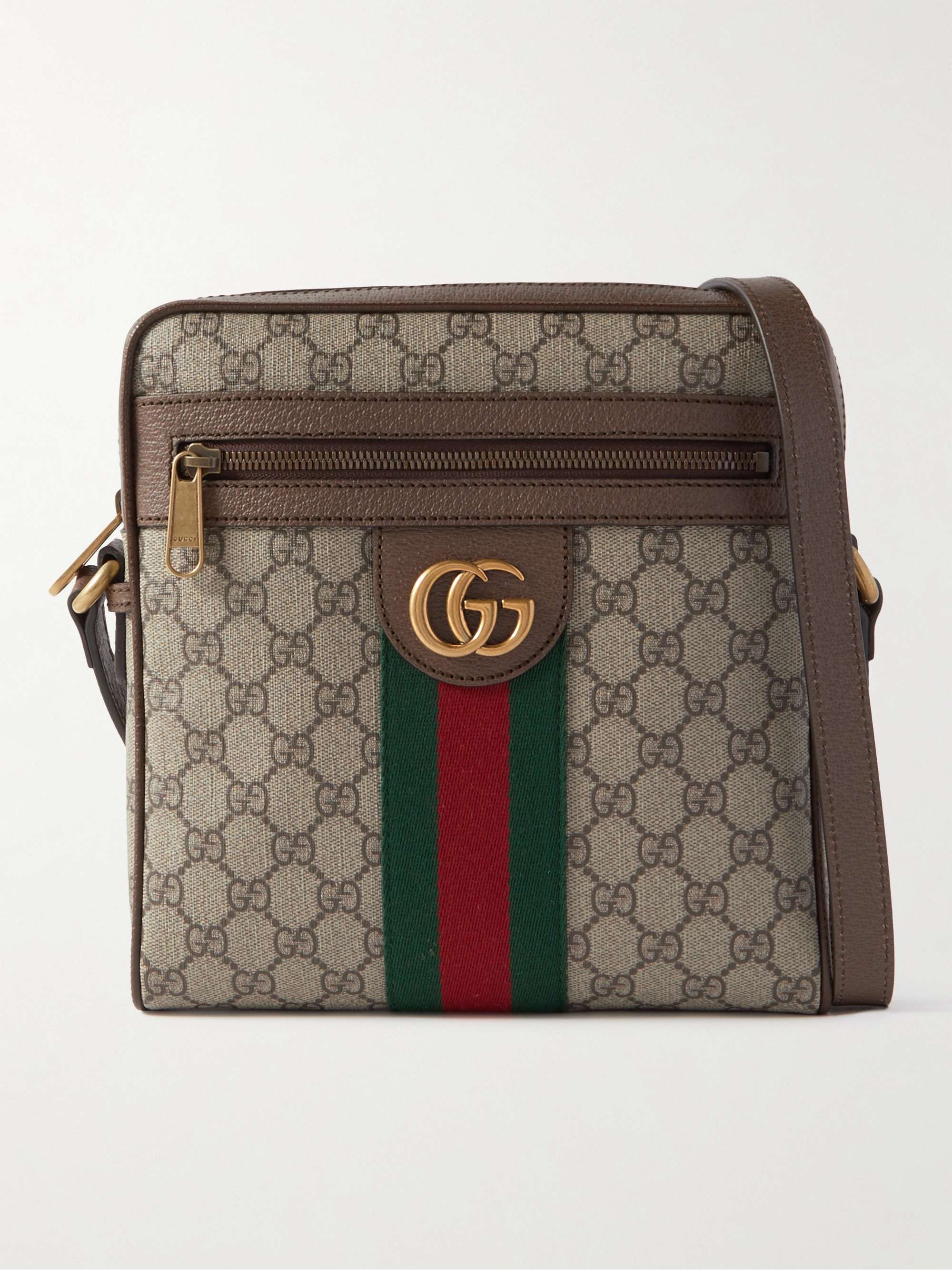 Gucci Ophidia Webbing-trimmed Textured-leather And Printed Coated-canvas  Shoulder Bag in Brown