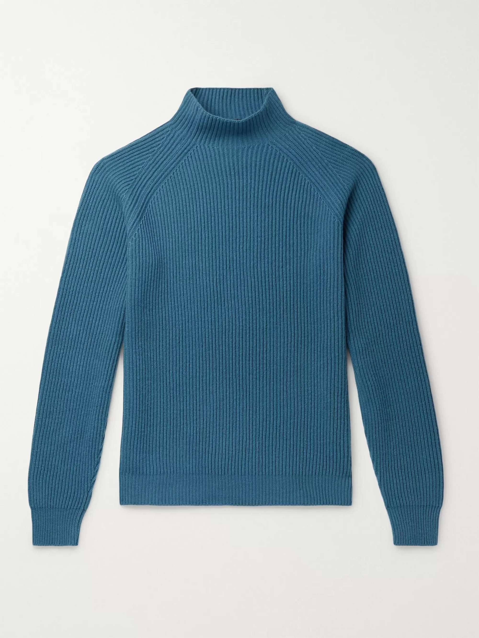 Blue Ribbed Baby Cashmere Mock-Neck Sweater | LORO PIANA | MR PORTER