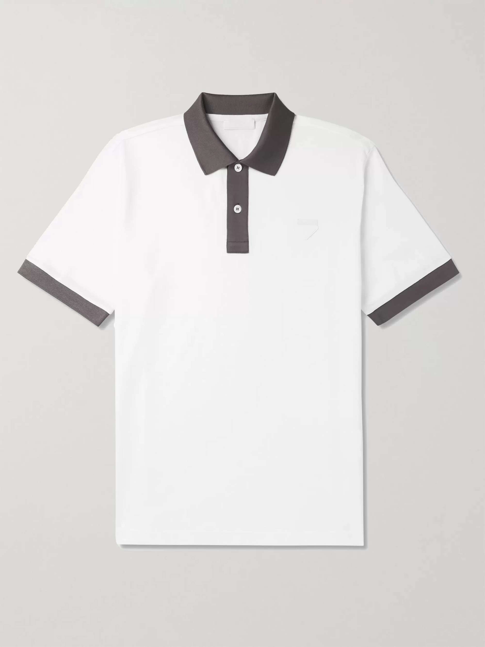 White Logo-Appliquéd Contrast-Tipped Cotton-Piqué Polo Shirt | PRADA | MR  PORTER