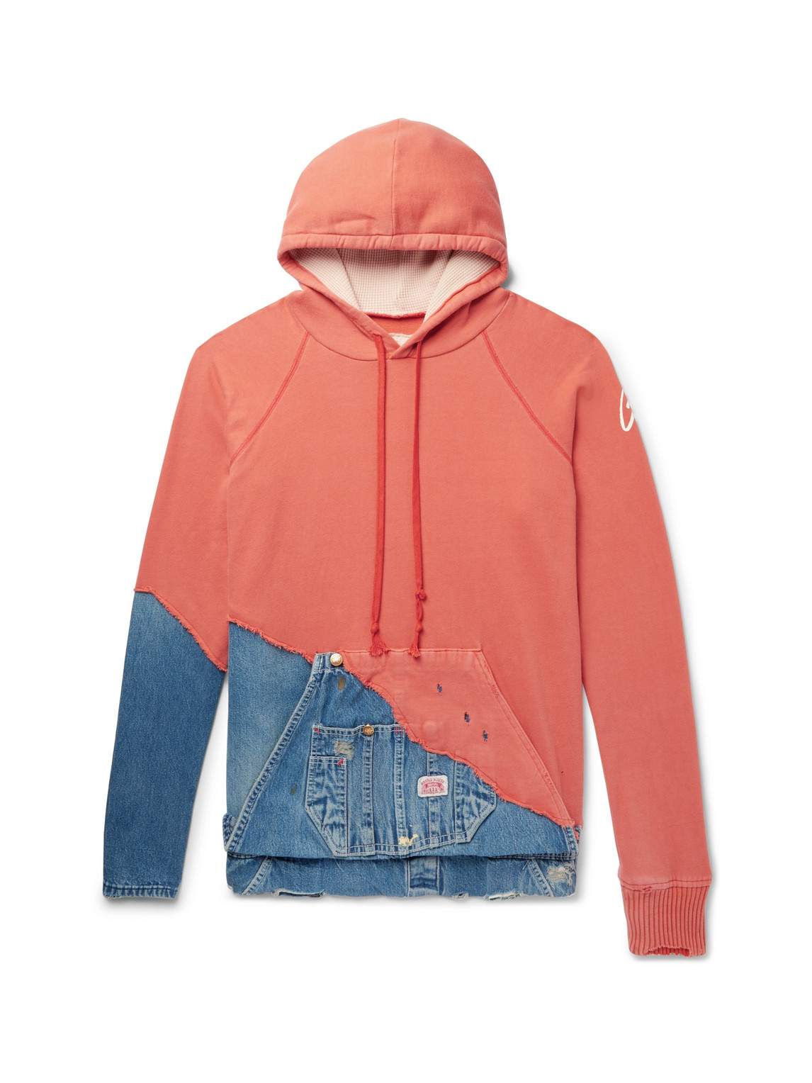 Paneled Distressed Loopback Cotton-Jersey and Denim Hoodie