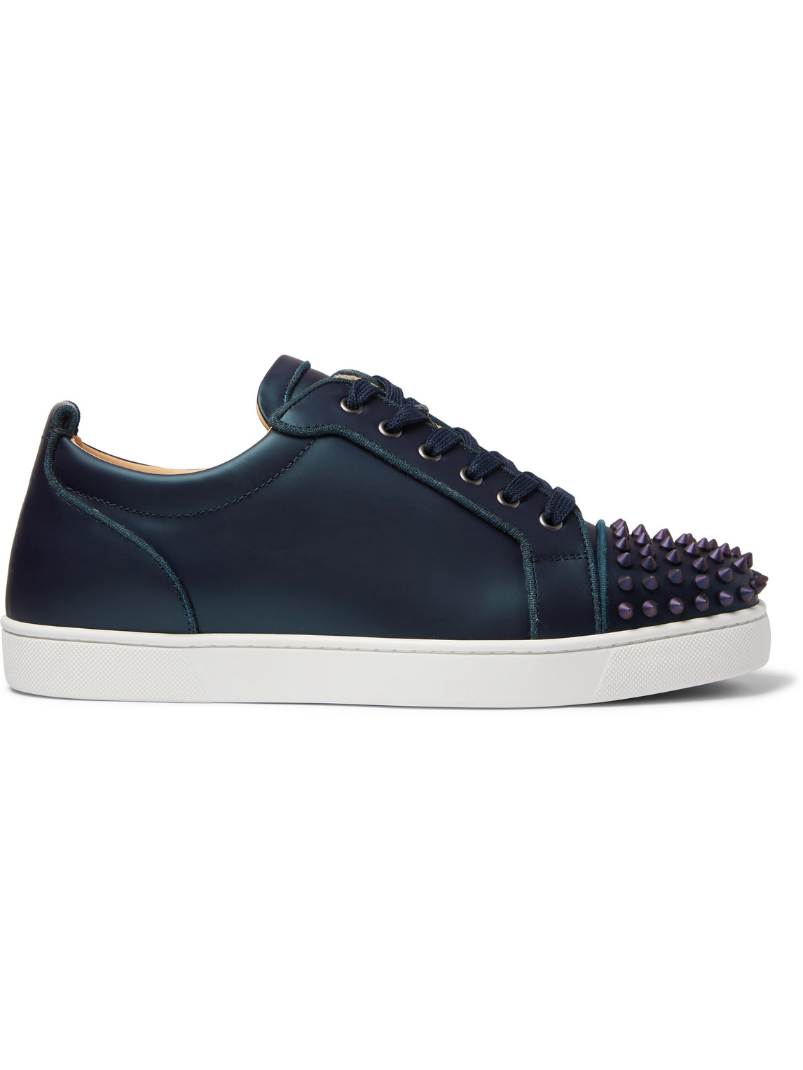 Christian Louboutin Louis Junior Spikes Cap-toe Iridescent Leather Sneakers  In Blue | ModeSens
