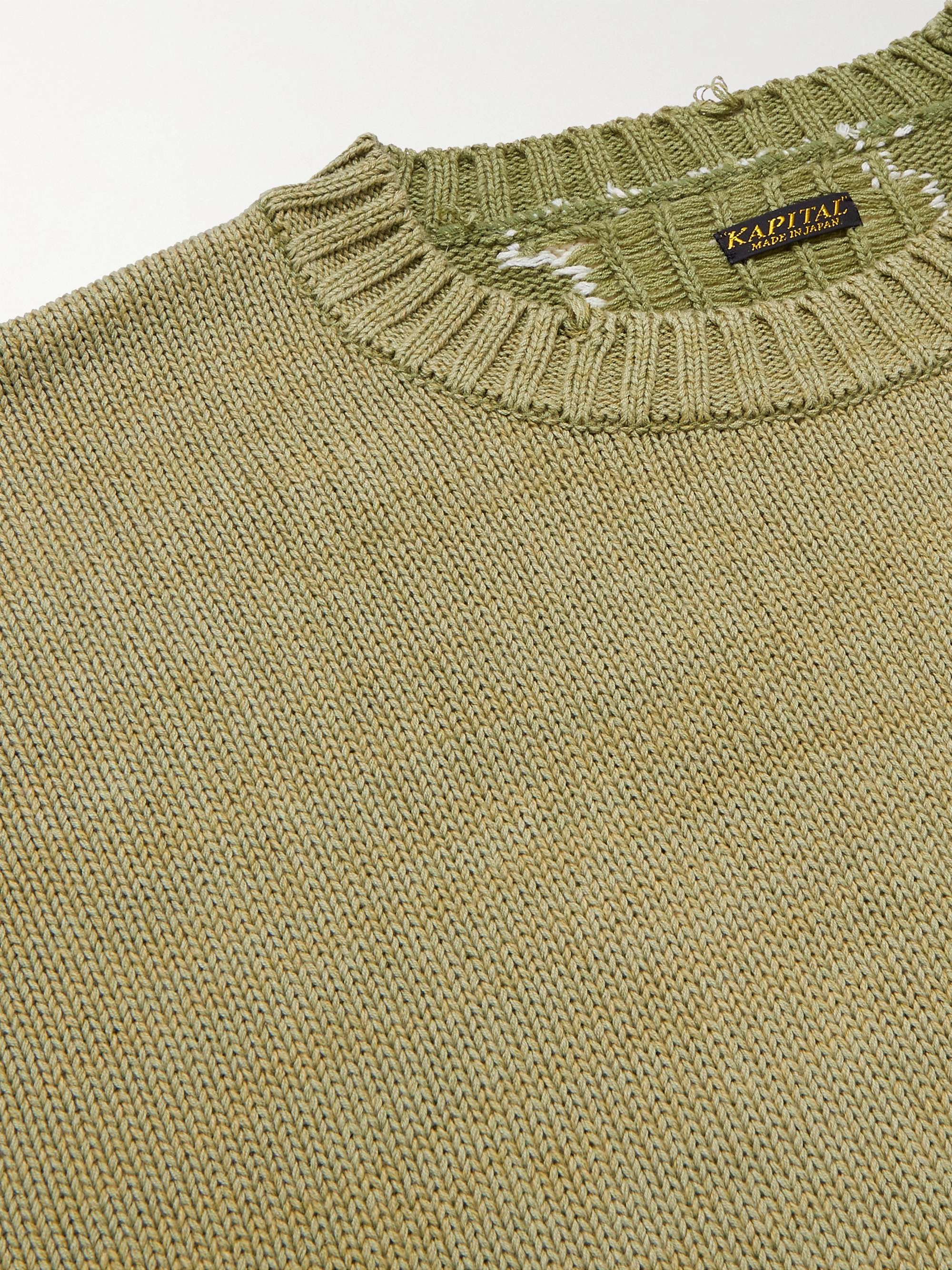 Green Distressed Intarsia Cotton-Blend Sweater | KAPITAL | MR PORTER