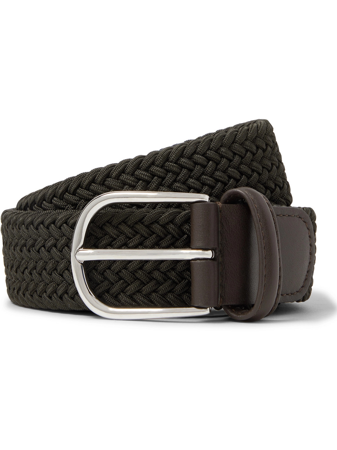 Anderson's 3.5cm Leather-trimmed Woven Elastic Belt In Green