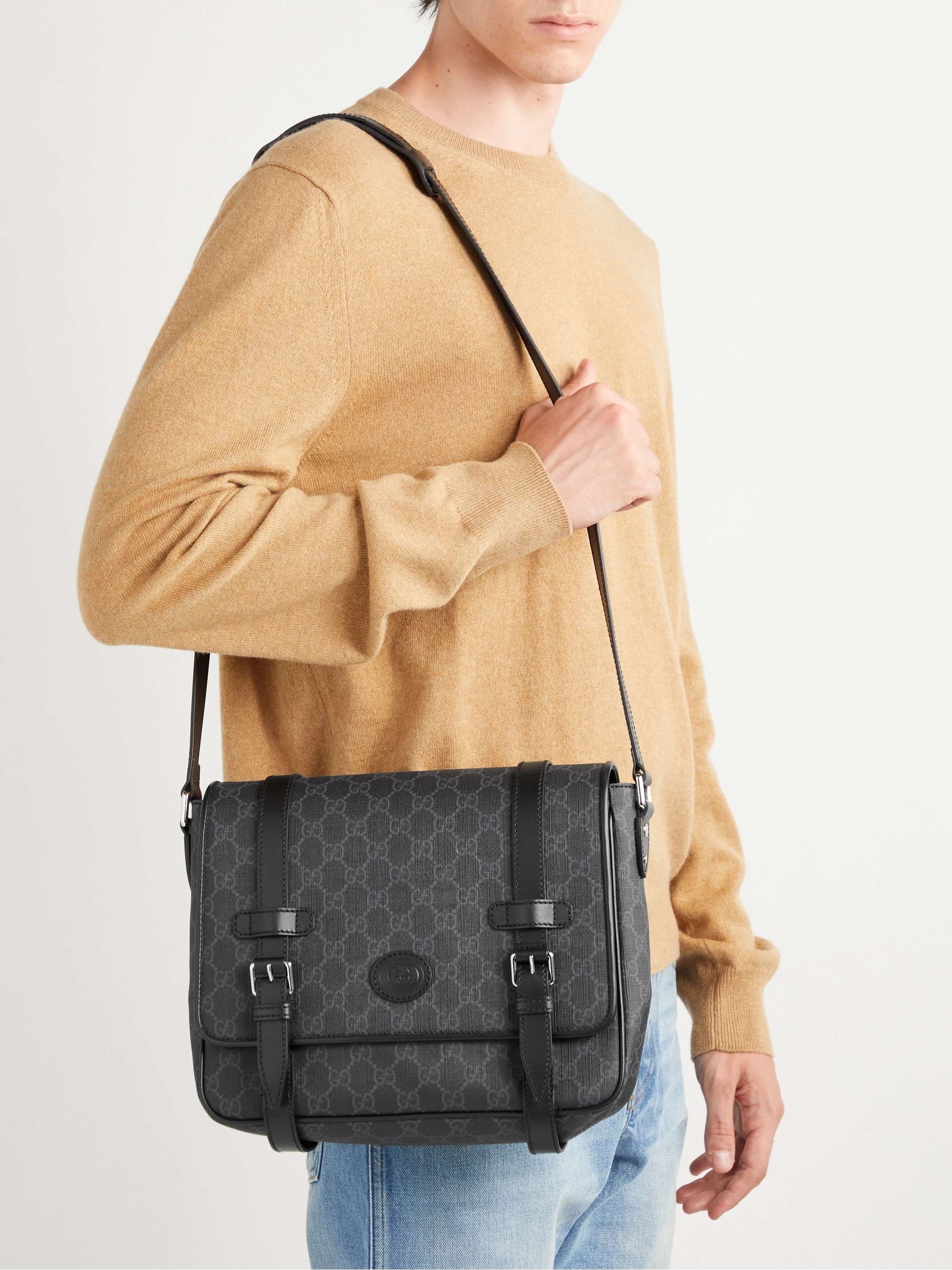 GUCCI Leather-Trimmed Monogrammed Coated-Canvas Messenger Bag for Men | MR  PORTER