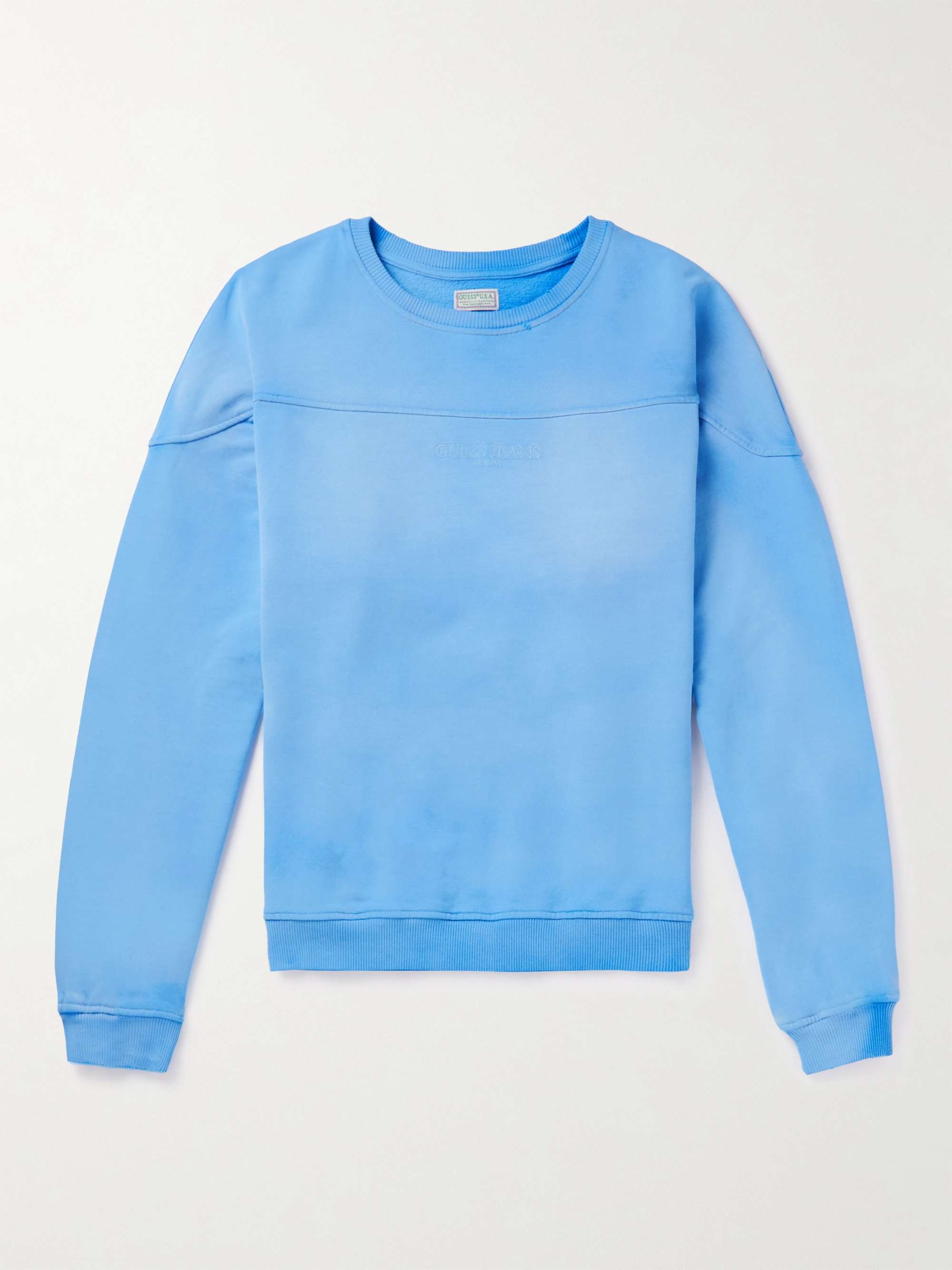 Blue Distressed Logo-Embroidered Cotton-Jersey Sweatshirt | GUESS USA | MR  PORTER