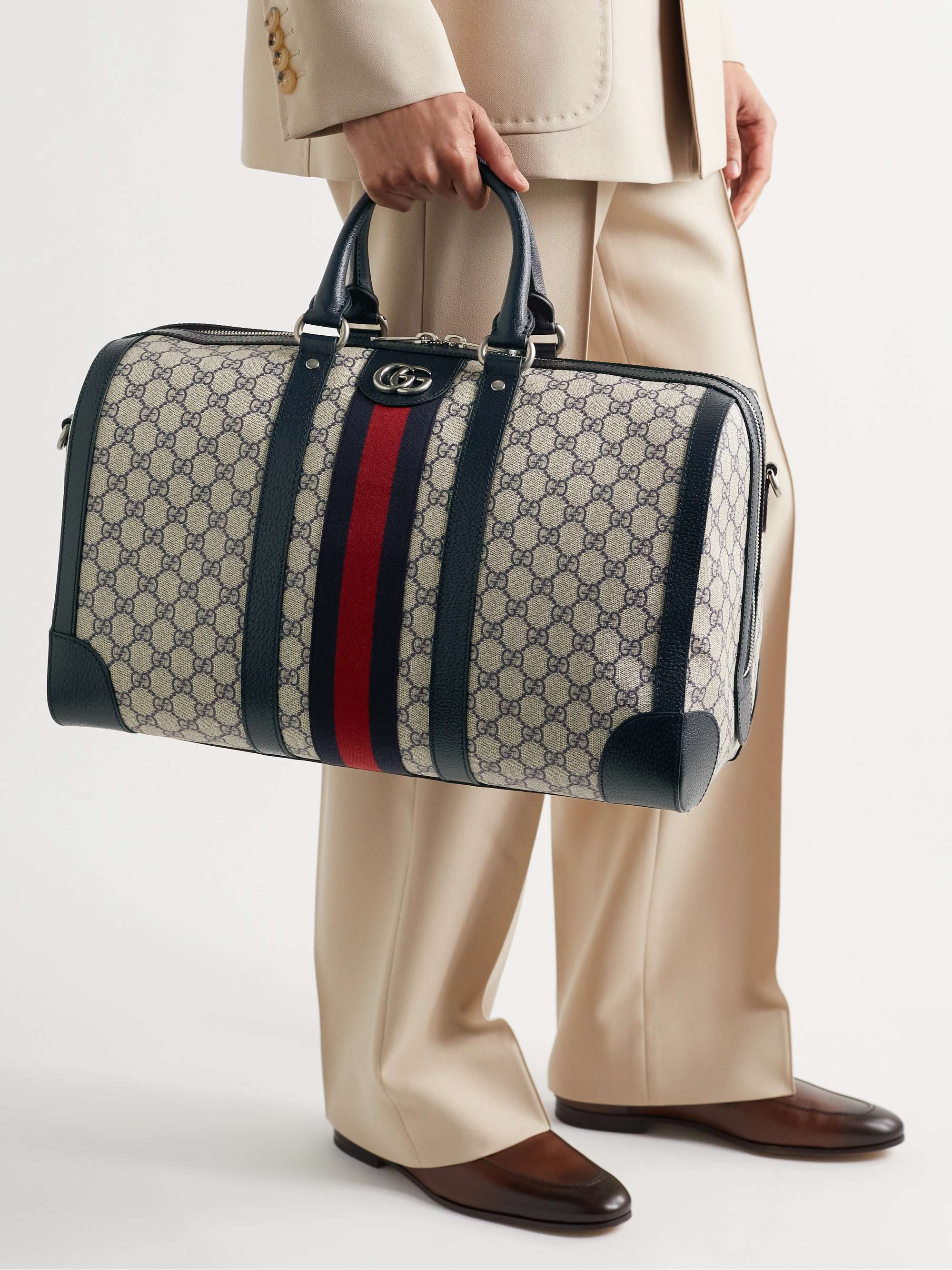 GUCCI Savoy Leather- and Webbing-Trimmed Monogrammed Supreme Coated-Canvas Duffle  Bag for Men | MR PORTER